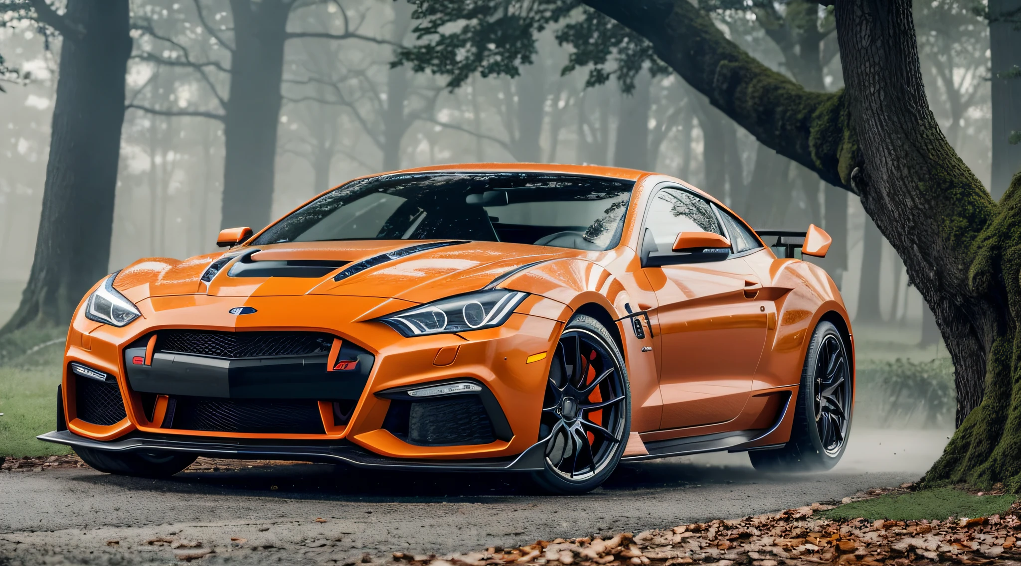 chvll orange body with white racing stripe, parked next to a huge oak tree, misty morning, scene from the show supernatural, masterpiece, award winning, dramatic lighting, muted colors, sharp focus, smooth, intricate details, 8k wallpaper, trending on artstation --auto --s2