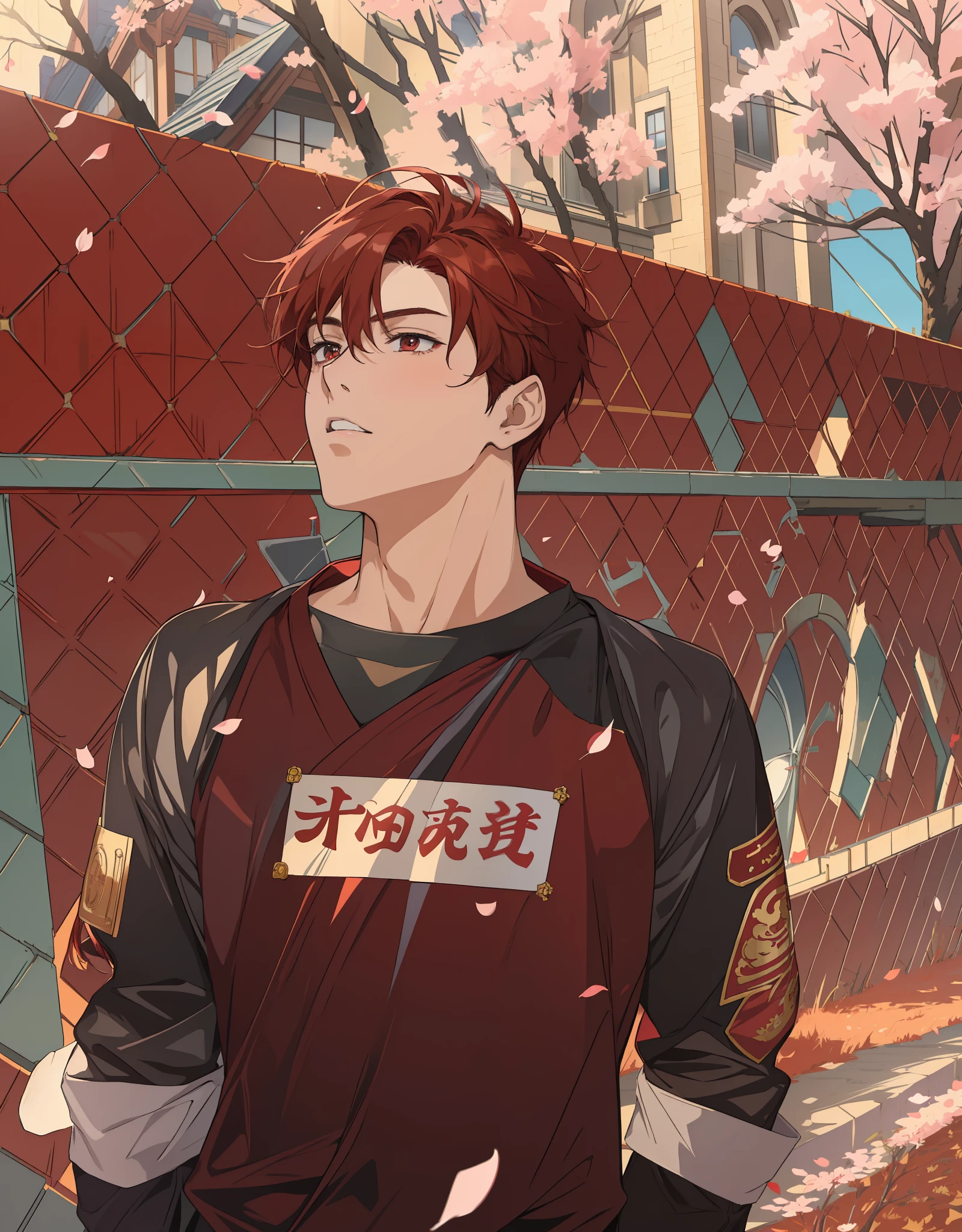 ((Anime style)), ((best quality)), ((masterpiece)), ((HDR+)), (best performance), (best lighting), (a college boy with stylish dark red hair), wearing a school uniform, looking at the viewer, in a [college road background on a Sakura tree falling petals], [Wlop], [Takehino Inoue], [Oh! Great]
