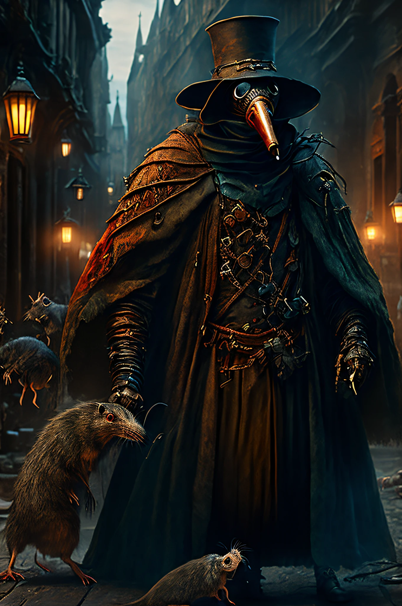 The Plague Doctor in a chaotic urban setting with several rats on the streets, fully realistic, sick people, completely high resolution, well-made and detailed.