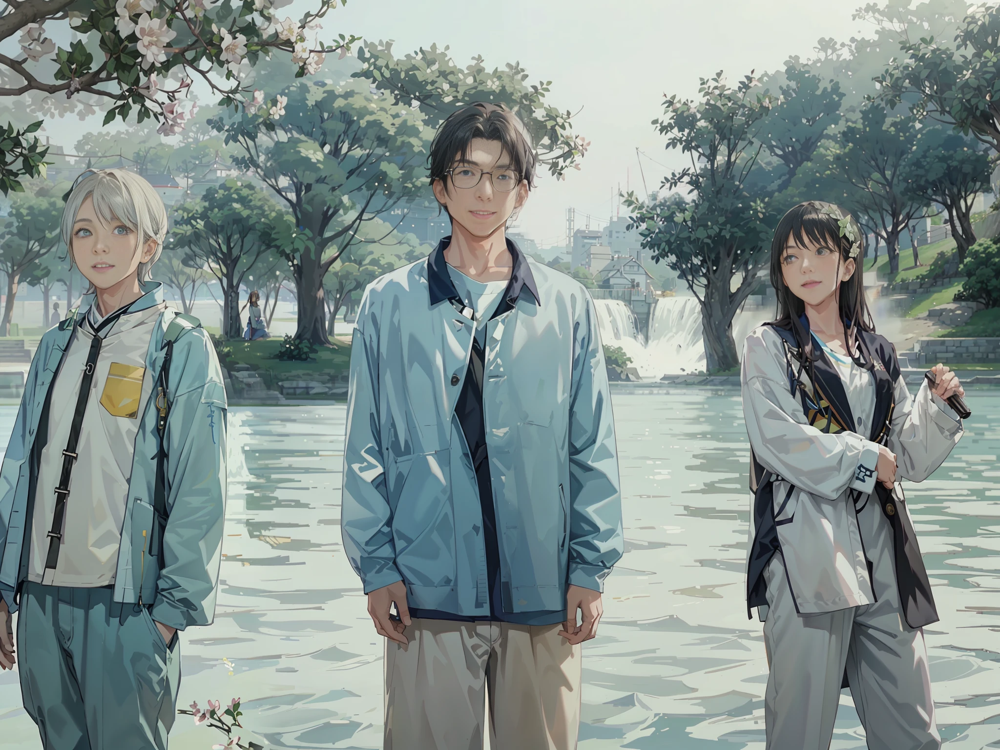 three people standing in a park with a lake in the background, 2 men,1 female, key still, still from a live action movie, promo still, film promotional still, promotional still, photo 1 5 mm, movie promotional image, production still, still from the movie, sunny day, official fanart, uniform off - white sky, promotional picture, promotional movie still, photoshoot, spring day