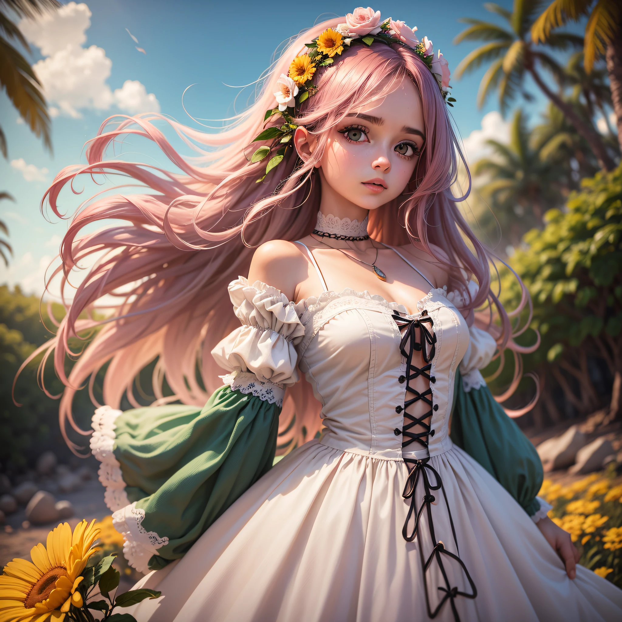 Uma garota russa, cabelo lisos, with your hands in your hair, cabelo castanho, vestido longo com borda costurada rodeado de rosas, e a luz do sol, fundo em um parque com muitas flores e arvores de floridas, criando uma atmosfera acolhedora e convidativa. She's in long clothes, realista, em ultra qualidade, imagem bem detalhadas, de melhor qualidade, fotojornalista 8k, (melhor qualidade: 1.1), obra-prima, (realista: 1.1), fotorrealista --auto --s2