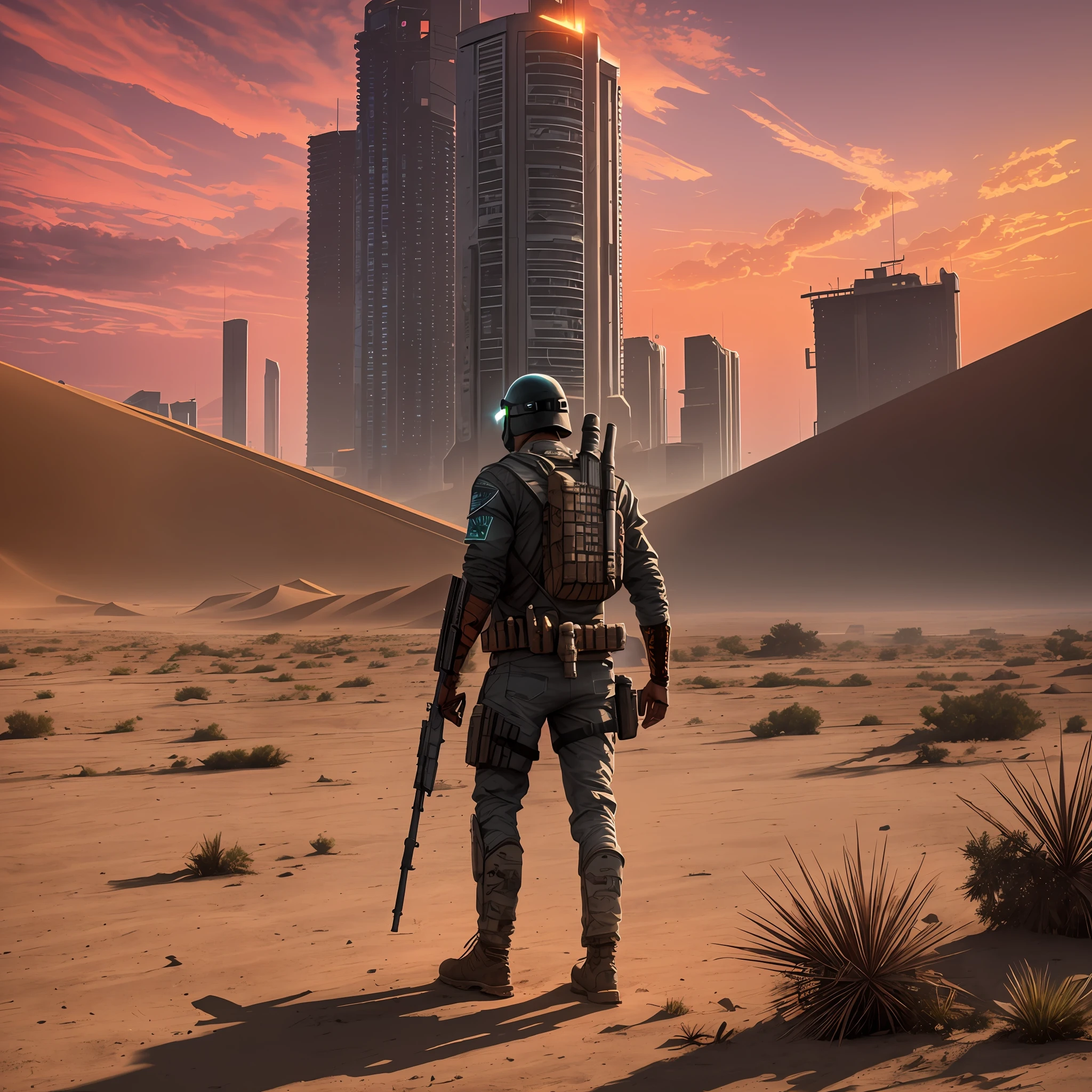 Realista, 4k, epic, Cyberpunk, homem, usa fuzil m16, Post-apocalyptic world, red sky, deserto, --auto --s2