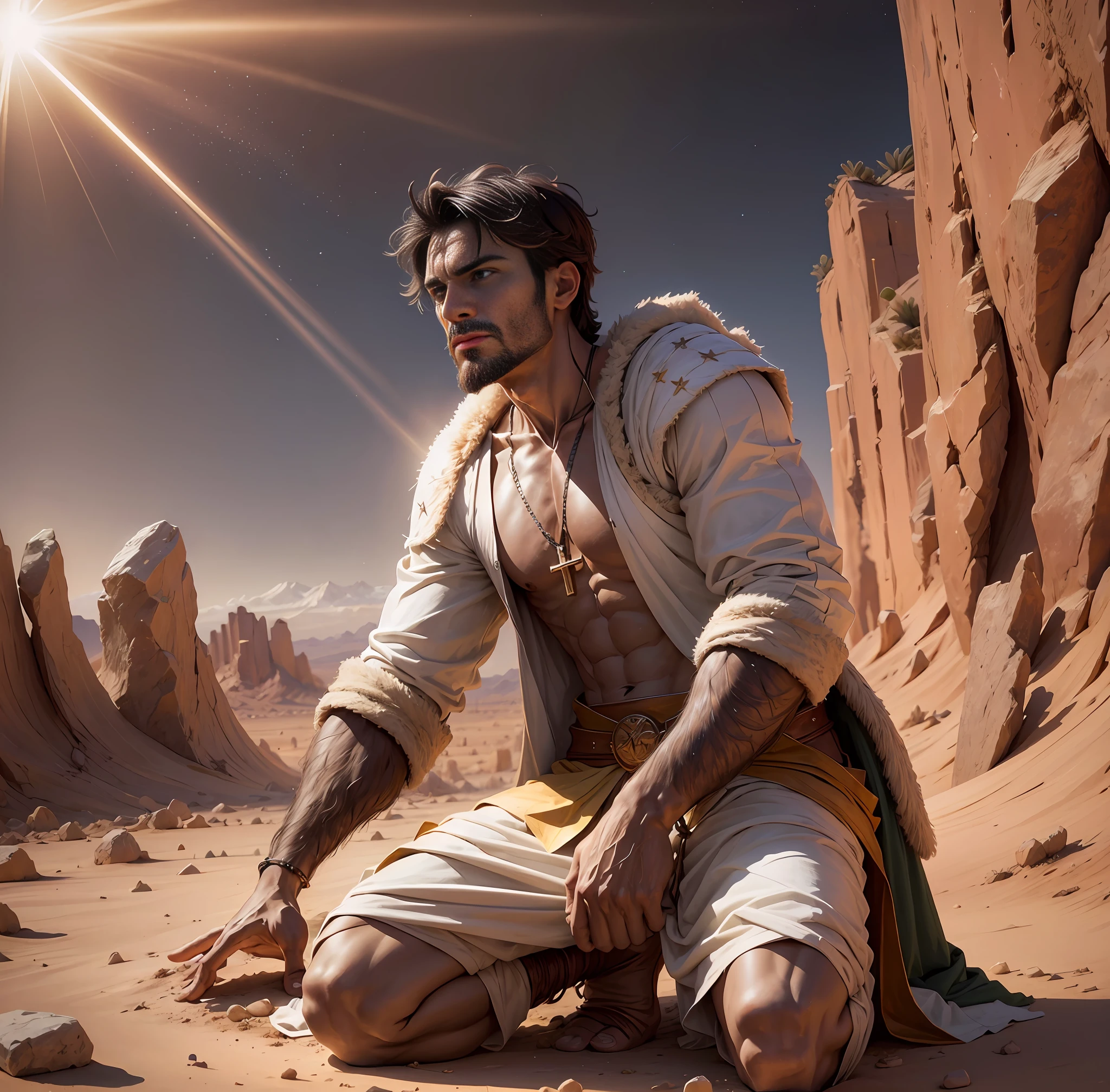 (pt)="Apostle Paul, with his features perfectly lit by the divine light(best lighting), kneeling on a barren desert road that cleverly contrasts with the bright background, no crucifix on the neck. A cinematic and magnificent scene is set. --auto --s2