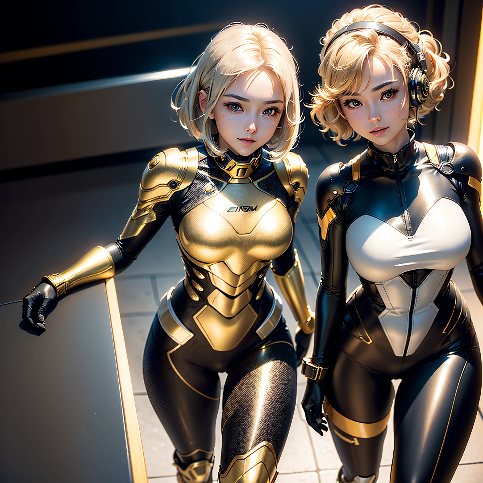 (Masterpiece, highest quality, highest resolution, distinct_image, very elaborate CG, cinematic lighting, ray tracing, drop shadows, detailed detail, (photorealistic: 1.4), high quality textures, fine-grained, realistic face expression): (single girl, face is Japan, girl with golden hair, short hair, small size breasts, Sparkly black color eyes, eye level shots, metallic golden flight suit, tight fit clothes, full body covering clothes, light smile, beauty, slim body, exoskeleton, heroine, headset, long boots, gloves)