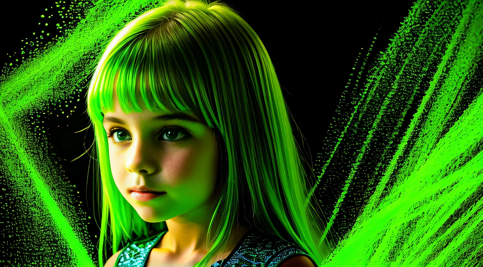 Russian children girls with 10 years of age, COM CABELO LISO LONGOS LOIRA, ESTILO RETRATO, a close up of a light bulb with a green glow, verde brilhante, bottom up green lighting, Luz ambiente verde, greenish lighting, fundo verde do papel de parede, surface with beer-textura, muito escuro com luzes verdes, dramatic green lighting, green light dust, Luz verde ambiente, green lighting, neon verde, Brilho Verde, brilho verde, luz verde vinda da janela