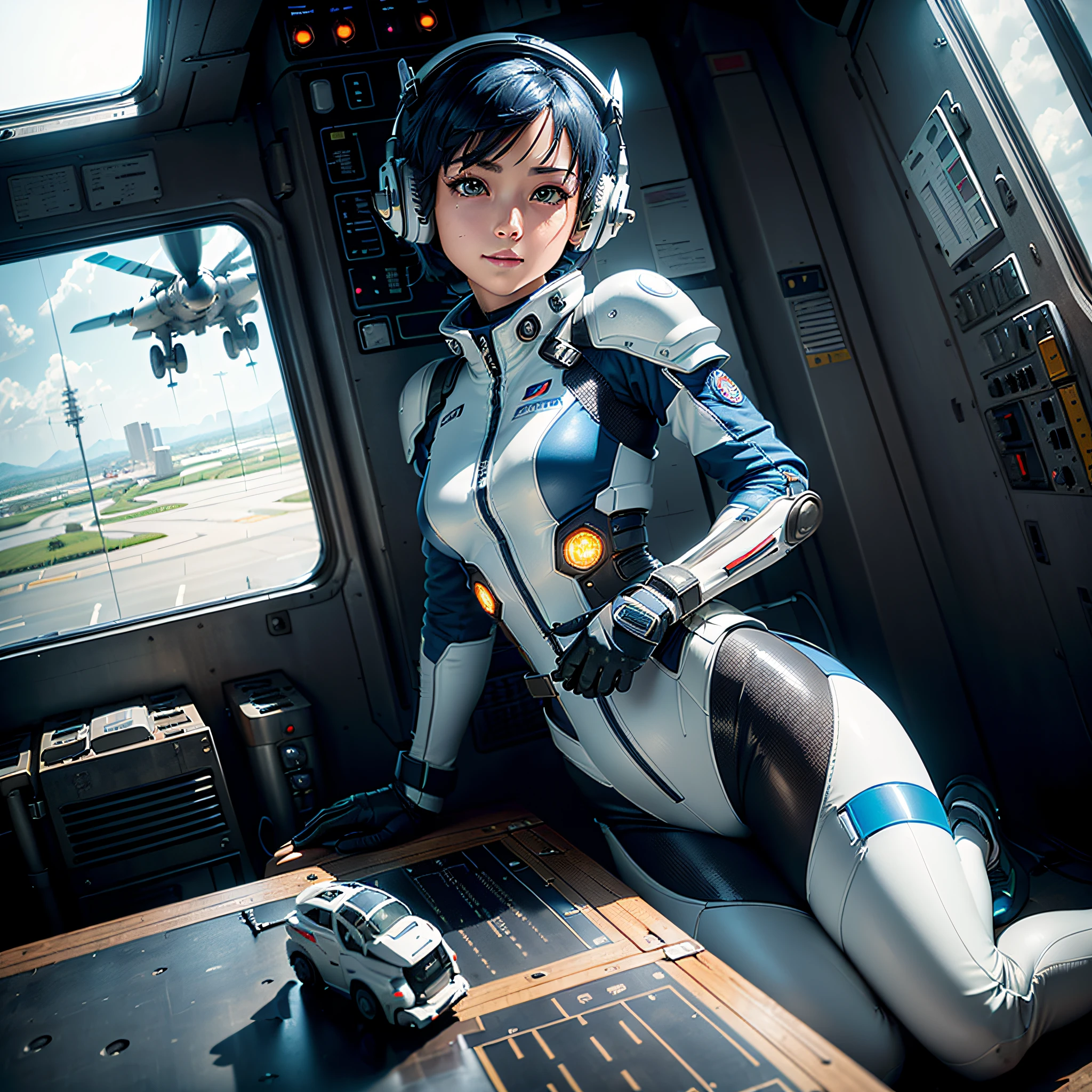 (masterpiece, highest quality, highest resolution, distinct_image, very elaborate CG, cinematic lighting, ray tracing, drop shadows, detailed detail, (photorealistic: 1.4), high quality textures, fine-grained, realistic face expression): (lone girl, face is Japan, short blue hair, small size breasts, sparkling eyes, Eye level shot, white and blue color pilot suit, tight fit clothes, full-body covering clothing, light smile, beauty, slim body, exoskeleton, heroine, headset, long boots, gloves, riding and piloting a robot leaning forward, control panel, tools, safety equipment, radar display, touch panel, various indicators, levers, computer keyboard, mouse, warning lights, fuel gauges, pressure gauges, control towers outside the window, large levers, foot access pedals, brake pedals, thick manuals, military bases outside the window)