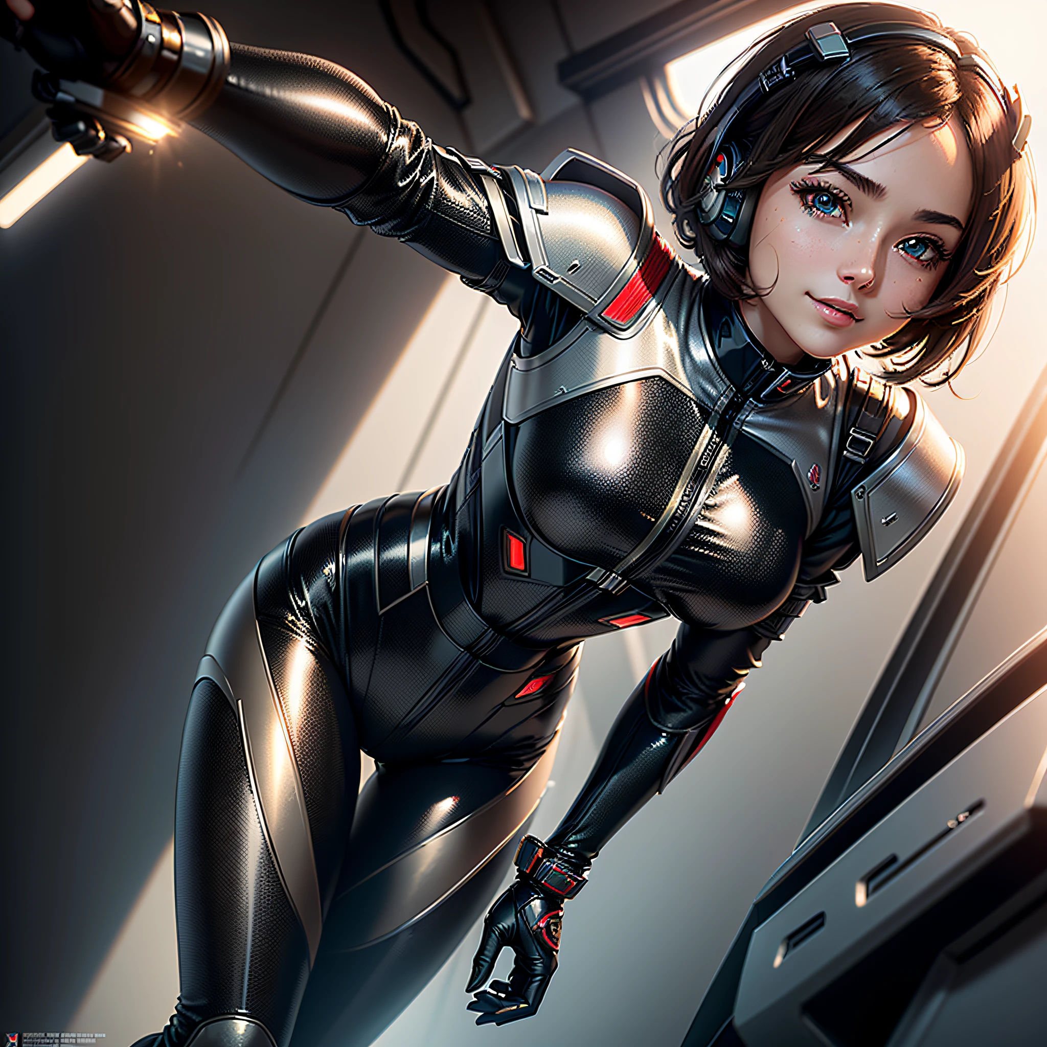 (Masterpiece, highest quality, highest resolution, distinct_image, very elaborate CG, cinematic lighting, ray tracing, drop shadows, detailed detail, (photorealism: 1.4), high quality textures, fine-grained, realistic face expression): (Girl alone, face is Japan, girl with brown hair, short hair, small size breasts, Detailed Gundam cockpit with sparkly black colored eyes, eye level shots, metallic black colored flight suit, tight fitting clothes, full-body covering clothes, light smile, beauty, slim body, exoskeleton, heroine, headset, long boots, gloves, solo ride)