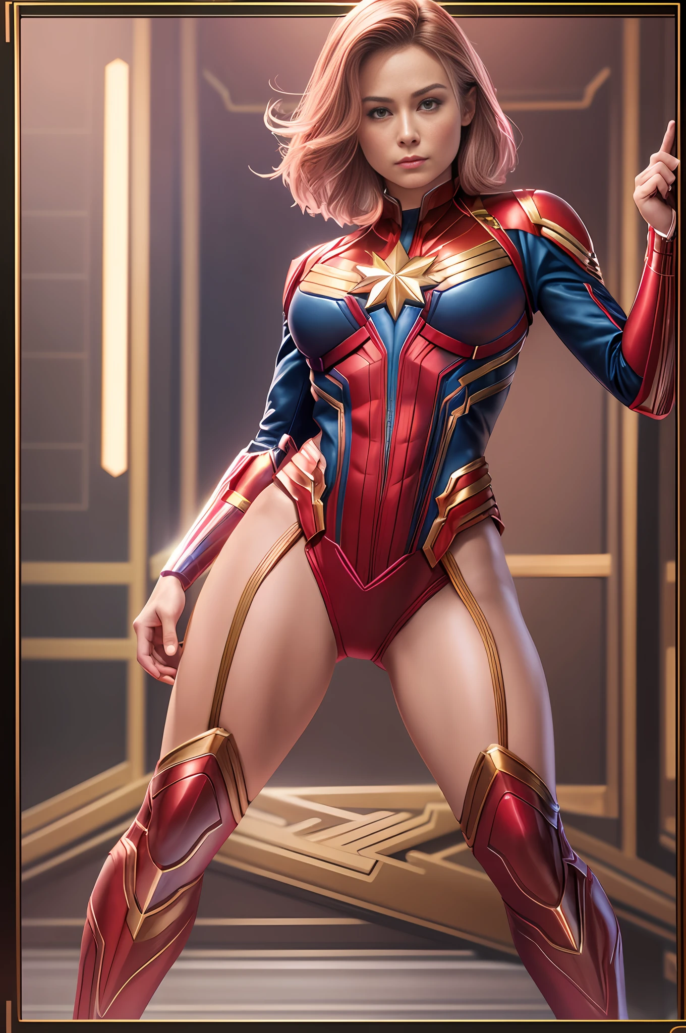 Very beautiful CaptainMarvel with handsome man having Nude full body image Pink skin Dark hair Realistic detailed face Detailed body Highly detailed Cgi 8k resolution --auto --s2