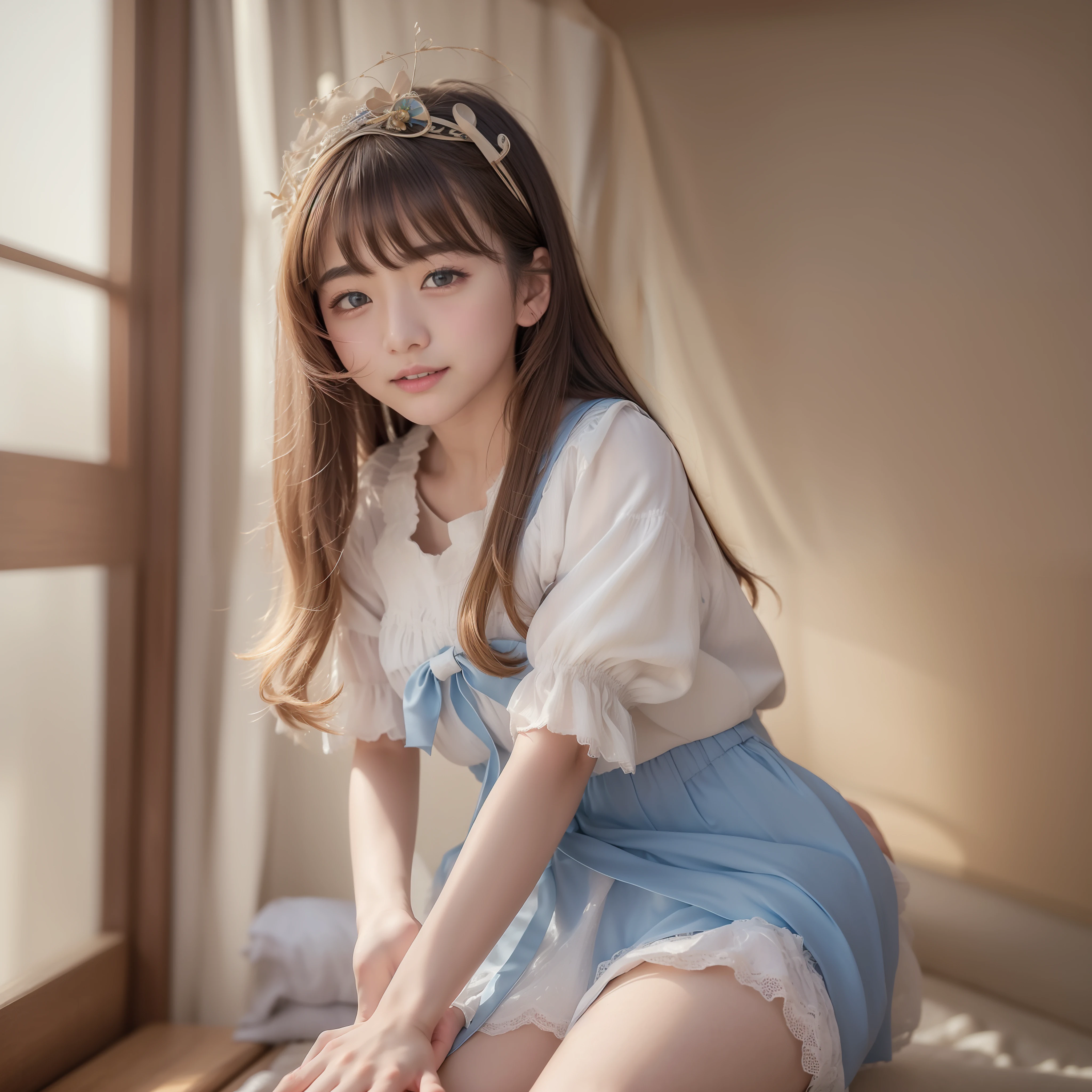 solo、、、GIRL、Milk falls on the chest of the shirt、Crouching、(MASTERPIECE:1.0)、(maximum quality:1.4)、(Super High Resolution:1.2)、(photorealistic:1.4)、(8k、RAW photos:1.2)、(18years old:1.3)、(SHARP FOCUS:1.4)、detailed beautiful face((maximum quality、8k、MASTERPIECE:1.3))、a 1girl、Double eyelidd、a smiling look、home、Random colored clothes