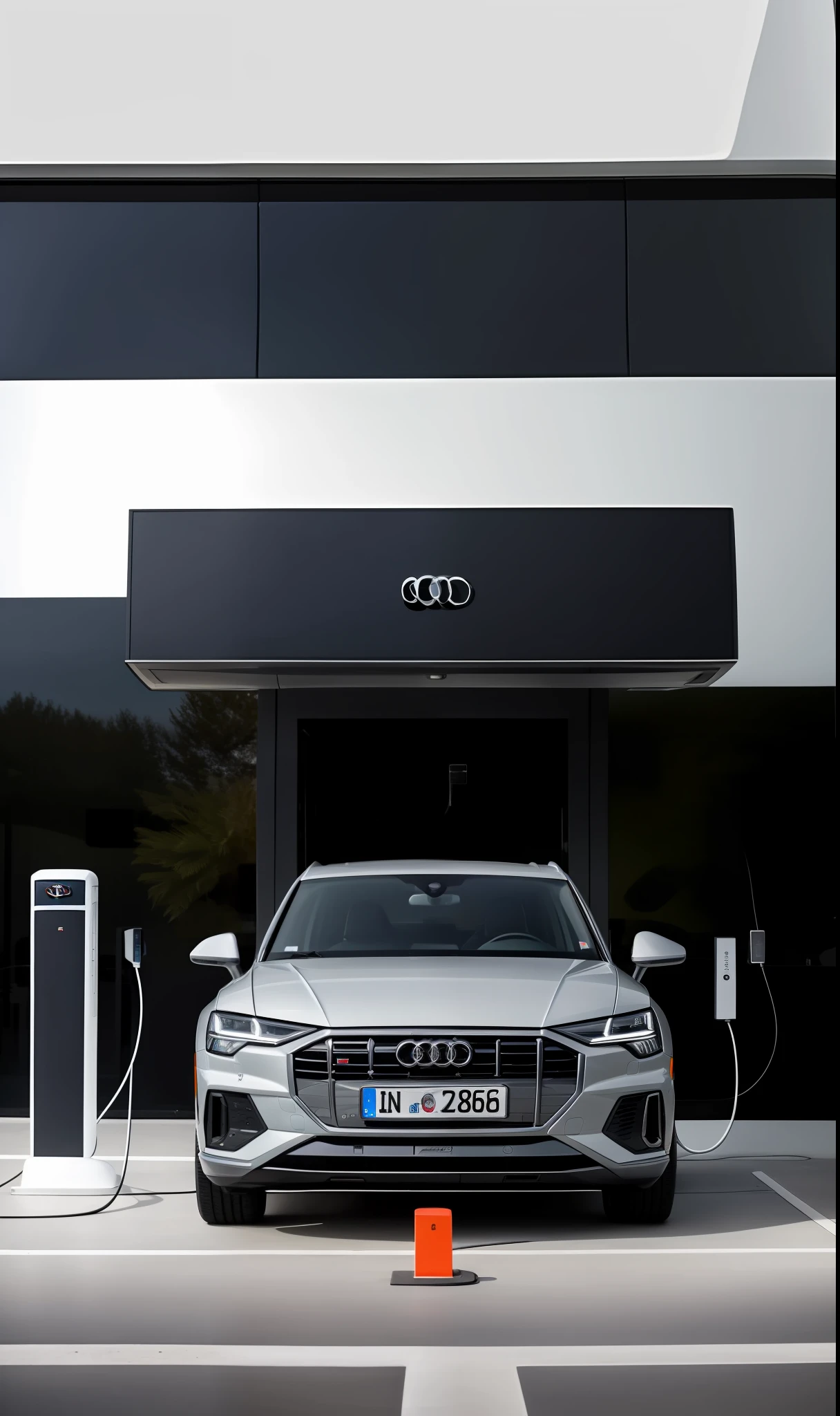 Audi Q4 E-TRON 2022 being recharged at a modern electric charging station next to the vehicle, foto realista, cinematic, the vehicle with metallic paint, rodas cromadas, ambiente moderno ao fundo