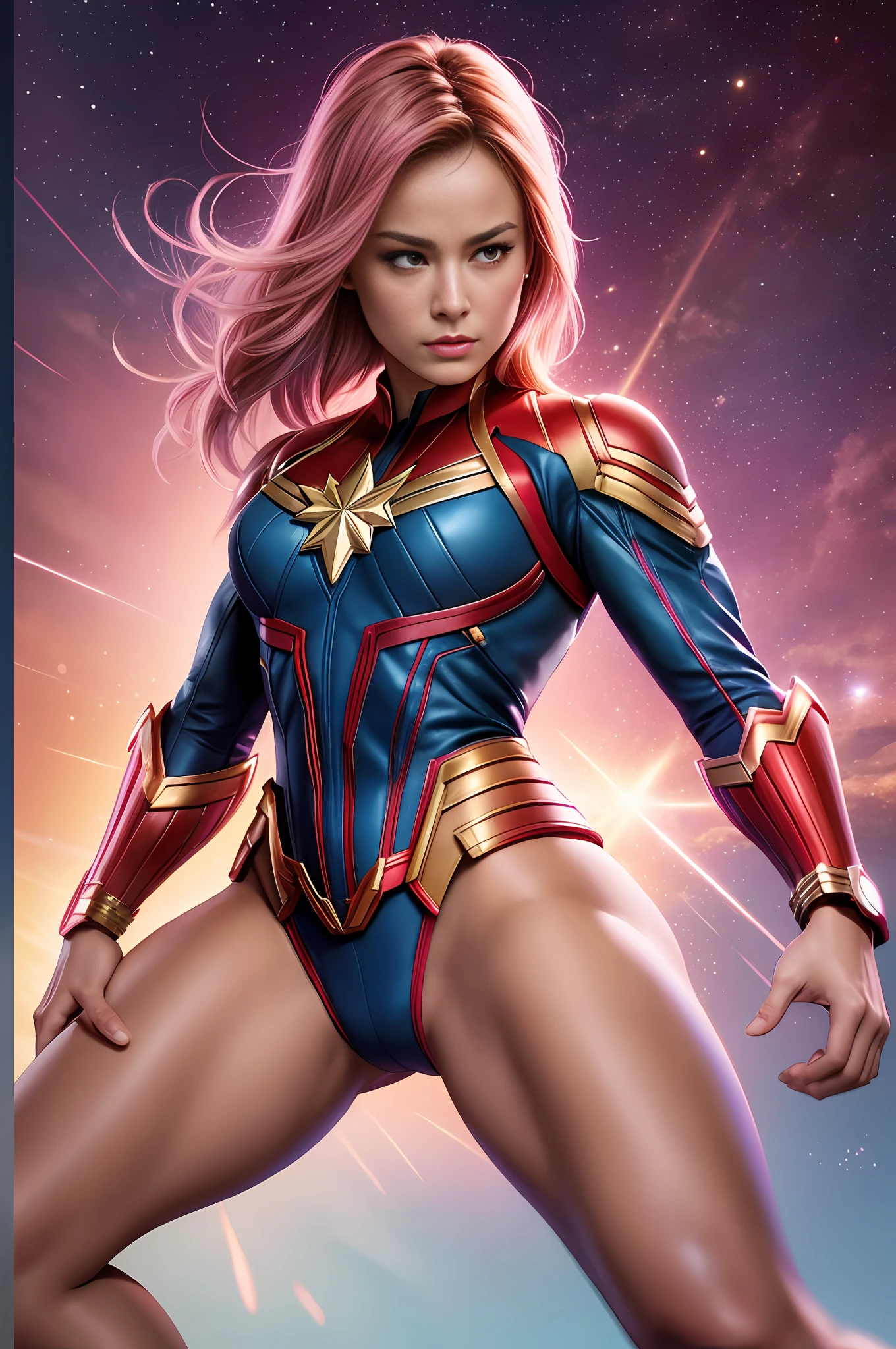 Very beautiful CaptainMarvel with handsome man having ???? full body image Pink skin Dark hair Realistic detailed face Detailed body Highly detailed Cgi 8k resolution --auto --s2