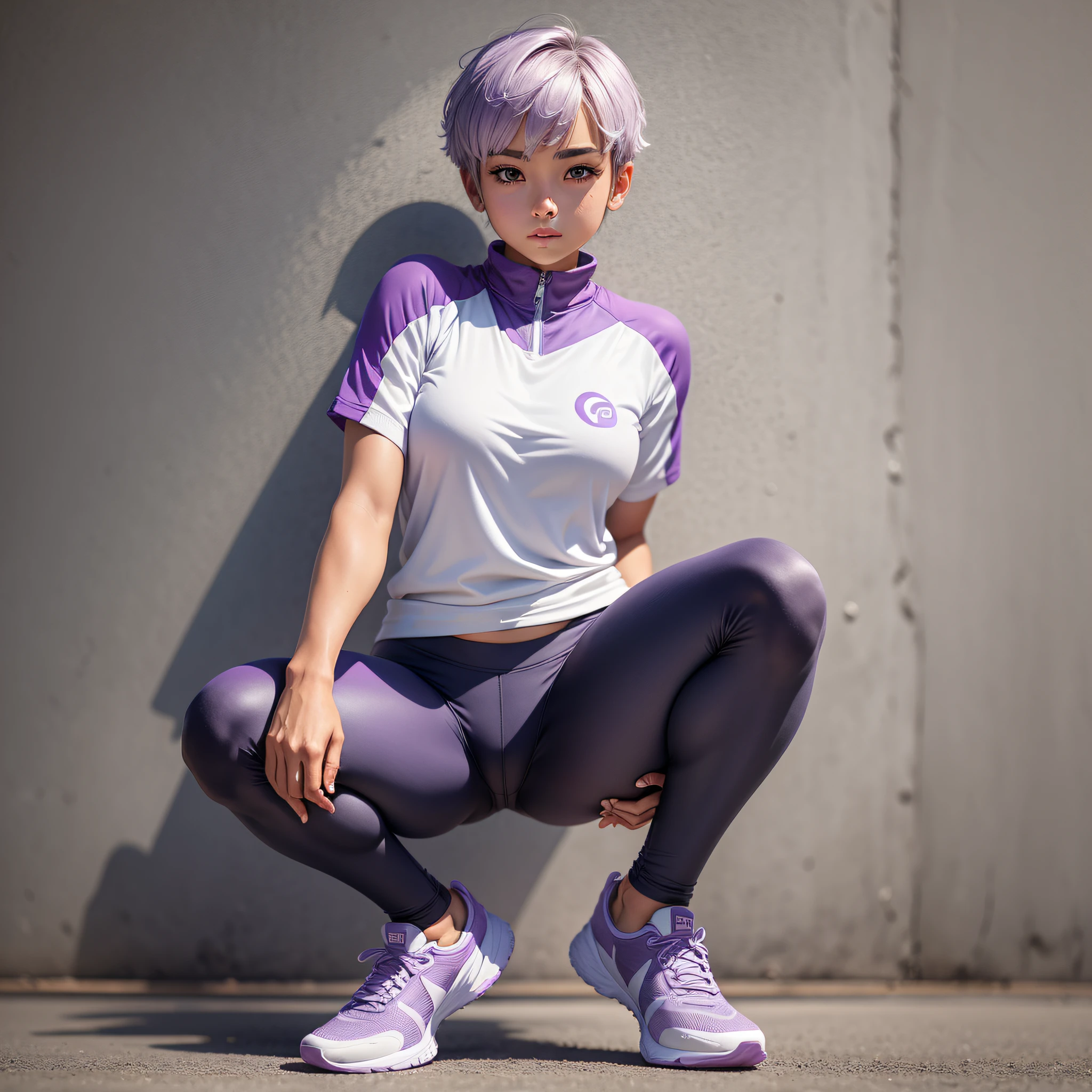 full body, sports pose, cute pose, young-faced girl with tanned skin and lilac eyes, her short hair contrasts with her sports clothes --auto --s2