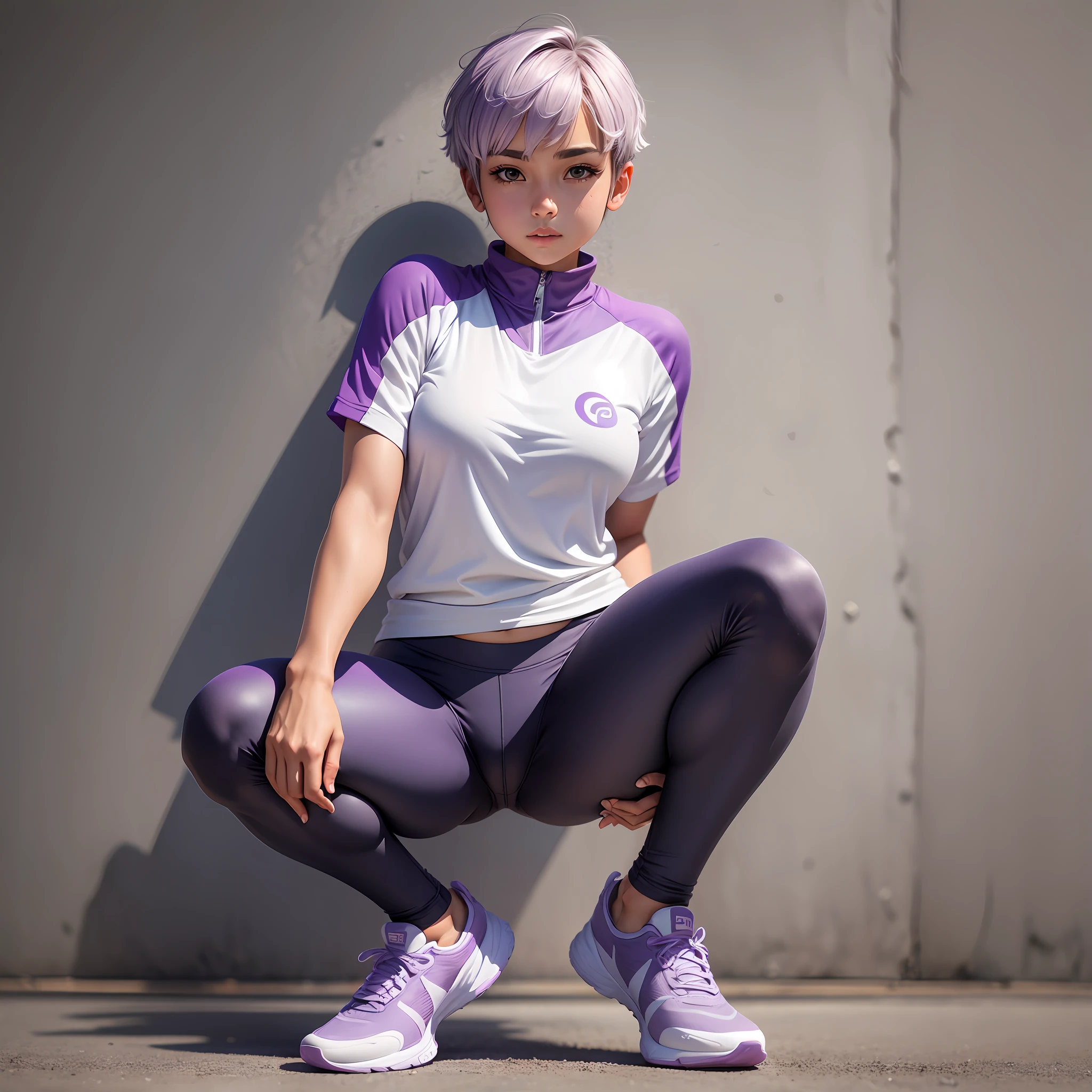 full body, sports pose, cute pose, young-faced girl with tanned skin and lilac eyes, her short hair contrasts with her sports clothes --auto --s2
