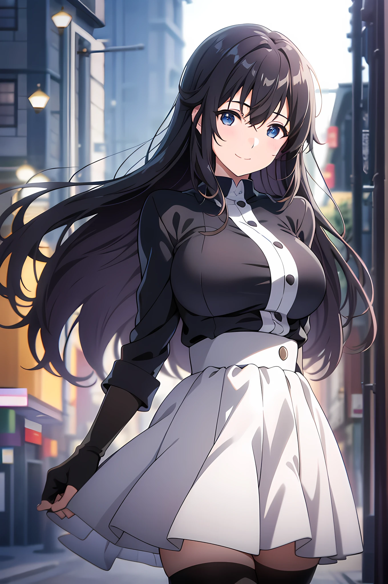 highres, ultra detailed, (1girl:1.3), (dynamic pose):1.0 BREAK, cowboy shot, 1 extremely beautiful and glamorous school idol at downtown night street, wearing a white collard shirt and a knee-length long pleats skirt, black stockings, she has black wavy two-side-up hair style, gigantic-breasted, smile, happy, wind, 8 life size, detailed clothes, detailed body, detailed arms, human hands, detailed hands, blush, light smile, looking the viewer, facing the viewer, sexy model posing, extremely leaning forward against the viewer, Lights are lit around the street and stars are shining in the sky, studio soft light, cinematic light, detailed background, realistic, ultra-realistic, masterpiece, 32k ultra-sharp image, Japanese anime waifu, concept art by Kyoto animation, Makoto Shinkai,