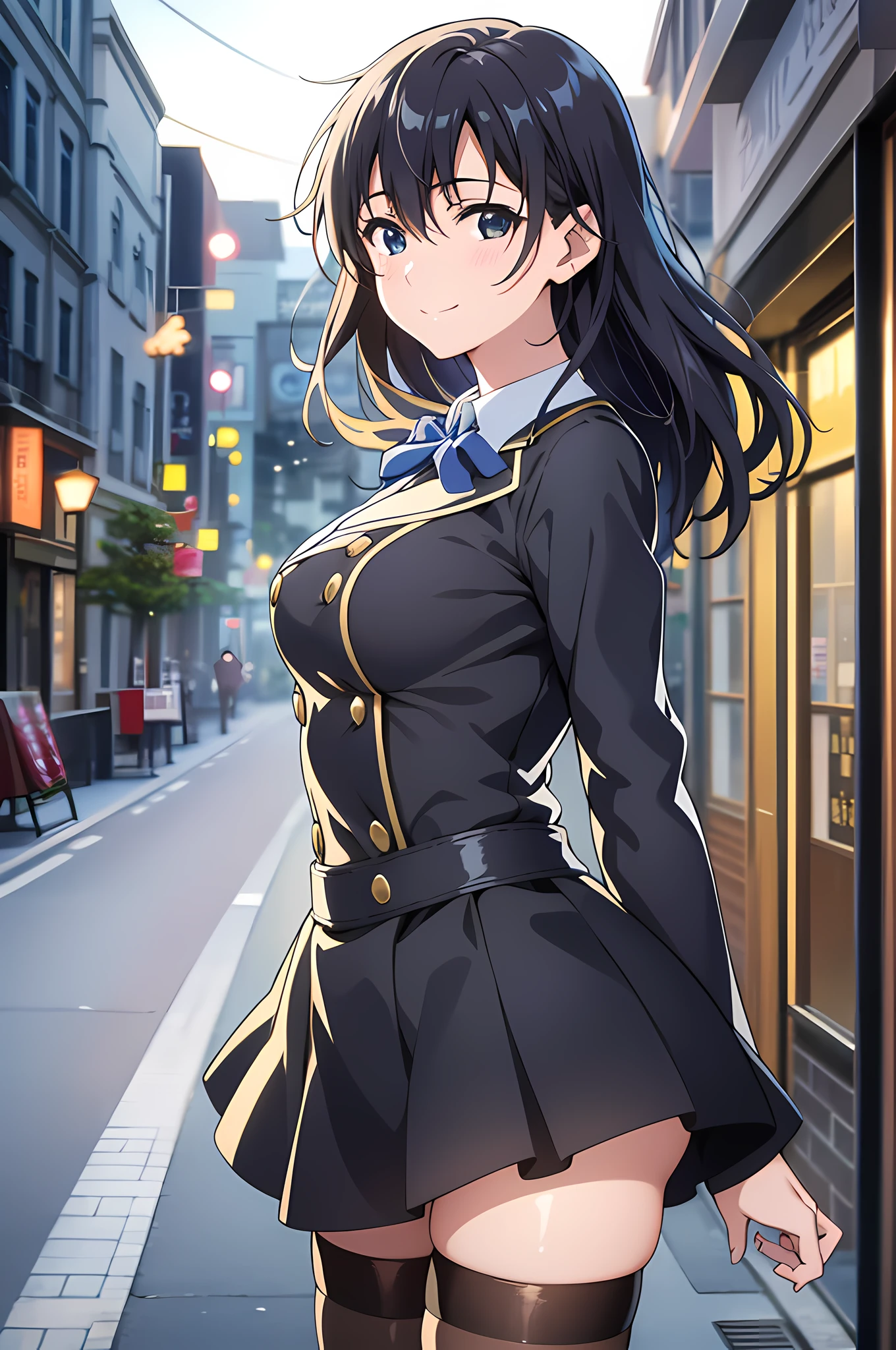 highres, ultra detailed, (1girl:1.3), (dynamic pose):1.0 BREAK, cowboy shot, 1 extremely beautiful and glamorous school idol at downtown night street, wearing a white collard shirt and a knee-length long pleats skirt, black stockings, she has black wavy two-side-up hair style, gigantic-breasted, smile, happy, wind, 8 life size, detailed clothes, detailed body, detailed arms, human hands, detailed hands, blush, light smile, looking the viewer, facing the viewer, sexy model posing, extremely leaning forward against the viewer, Lights are lit around the street and stars are shining in the sky, studio soft light, cinematic light, detailed background, realistic, ultra-realistic, masterpiece, 32k ultra-sharp image, Japanese anime waifu, concept art by Kyoto animation, Makoto Shinkai,