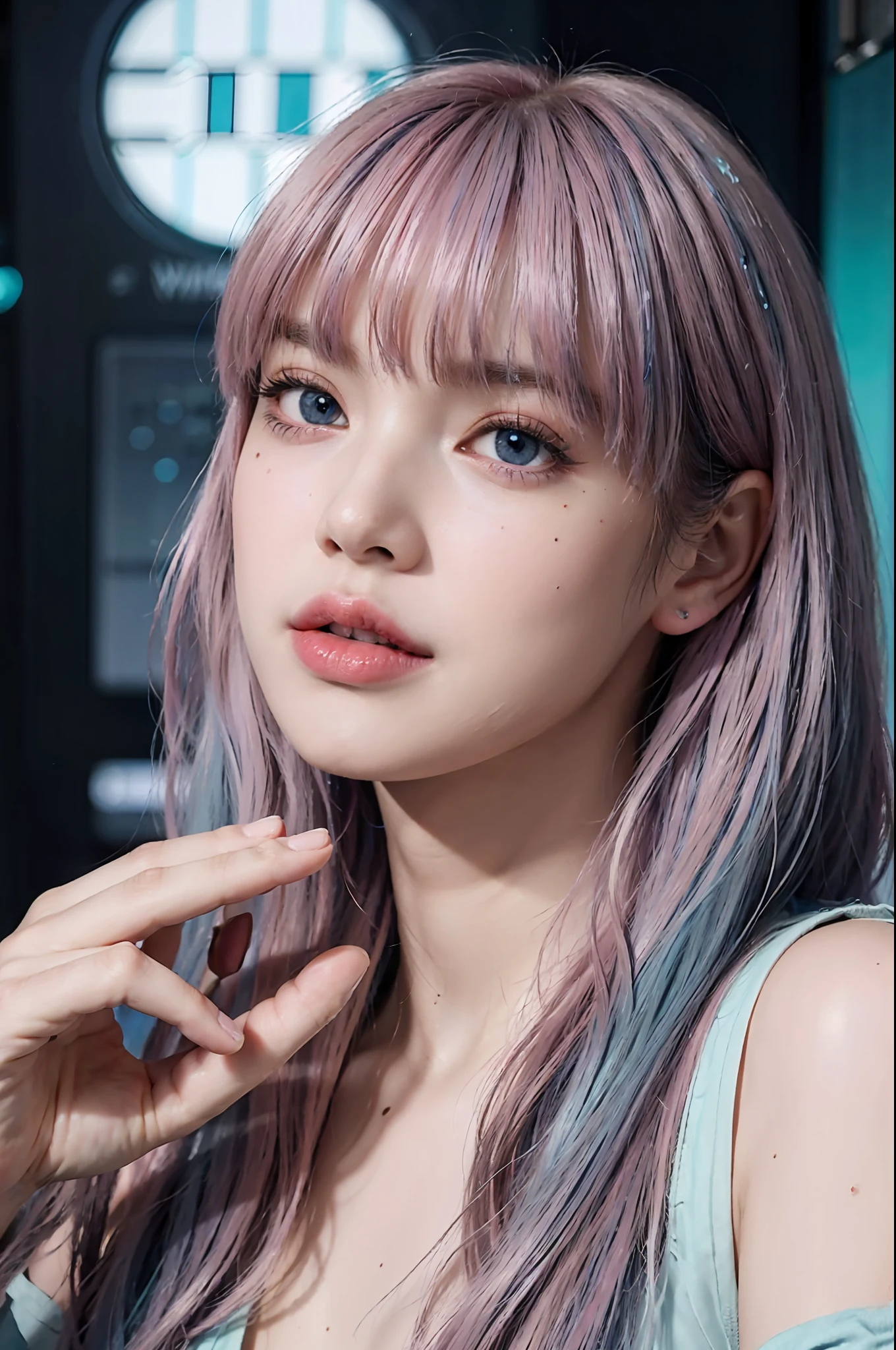 Best quality, masterpiece, super high resolution, multicolored hair (((dark blue and pink hair))), long hair, two moles under the eyes, gradient eyes, eyeballs, shyness, smile, evil, off-the-shoulder, character setting, close-up, surrealism, UHD, award-winning, bust, colourful hair,  ((blunt bangs)), (((blue eyes))), really beautiful face, super beautiful face