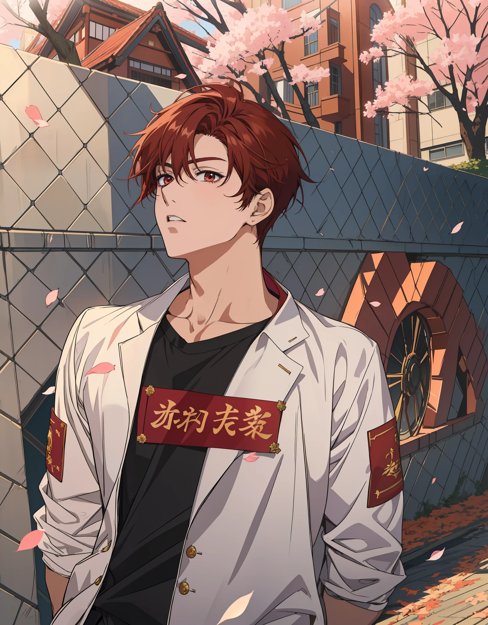 ((Anime style)), ((best quality)), ((masterpiece)), ((HDR+)), (best performance), (best lighting), (a college boy with stylish dark red hair), wearing a school uniform, looking at the viewer, eyes on camera, in a [college road background on a Sakura tree falling petals], [Wlop], [Takehino Inoue], [Oh! Great]