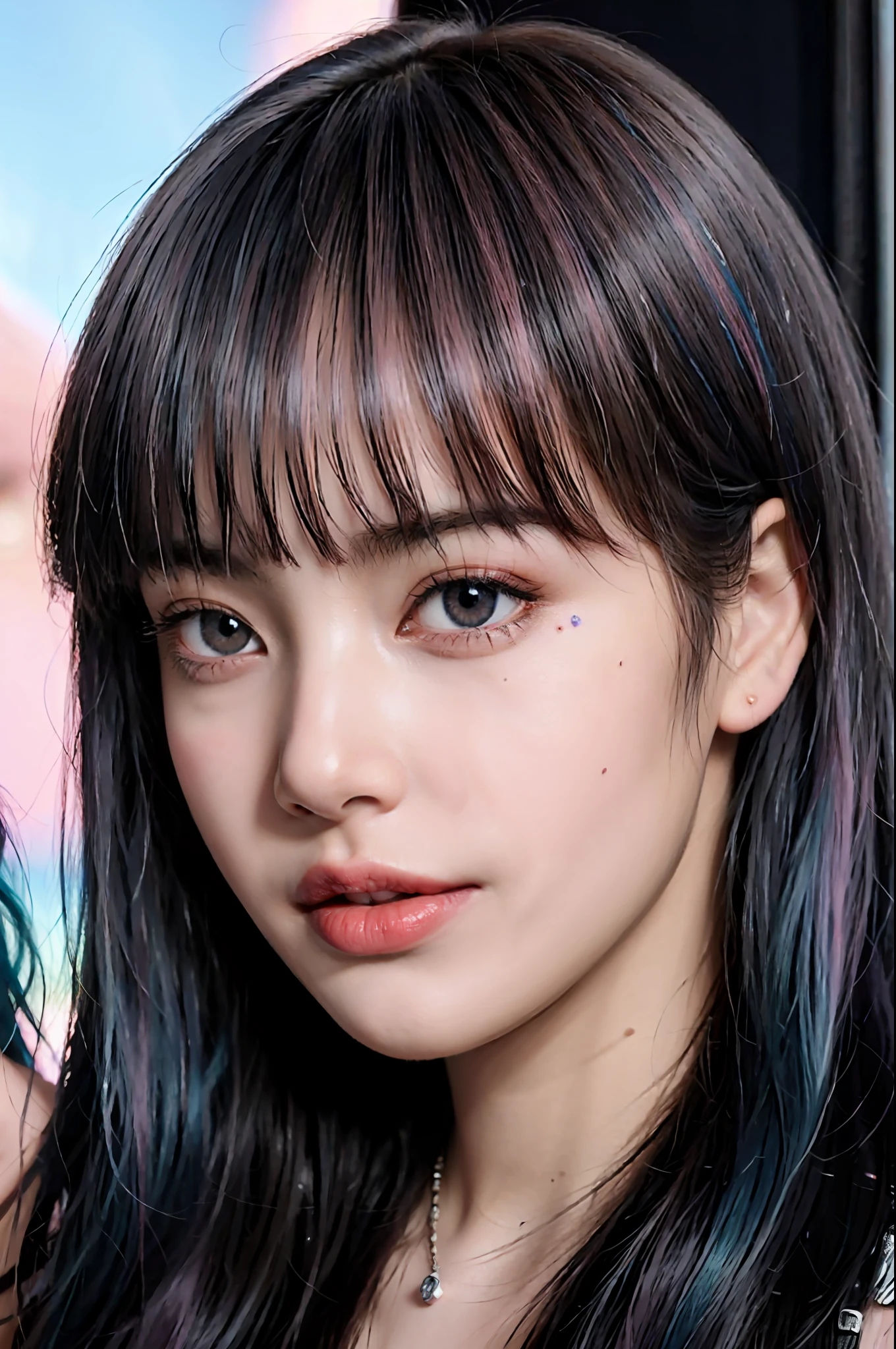 Best quality, masterpiece, super high resolution, multicolored hair blue and pink hair, long hair, two moles under the eyes, gradient eyes, eyeballs, shyness, smile, evil, off-the-shoulder, character setting, close-up, surrealism, UHD, award-winning, bust, colourful hair, ((blunt bangs)), blue eyes, really beautiful face, super beautiful face