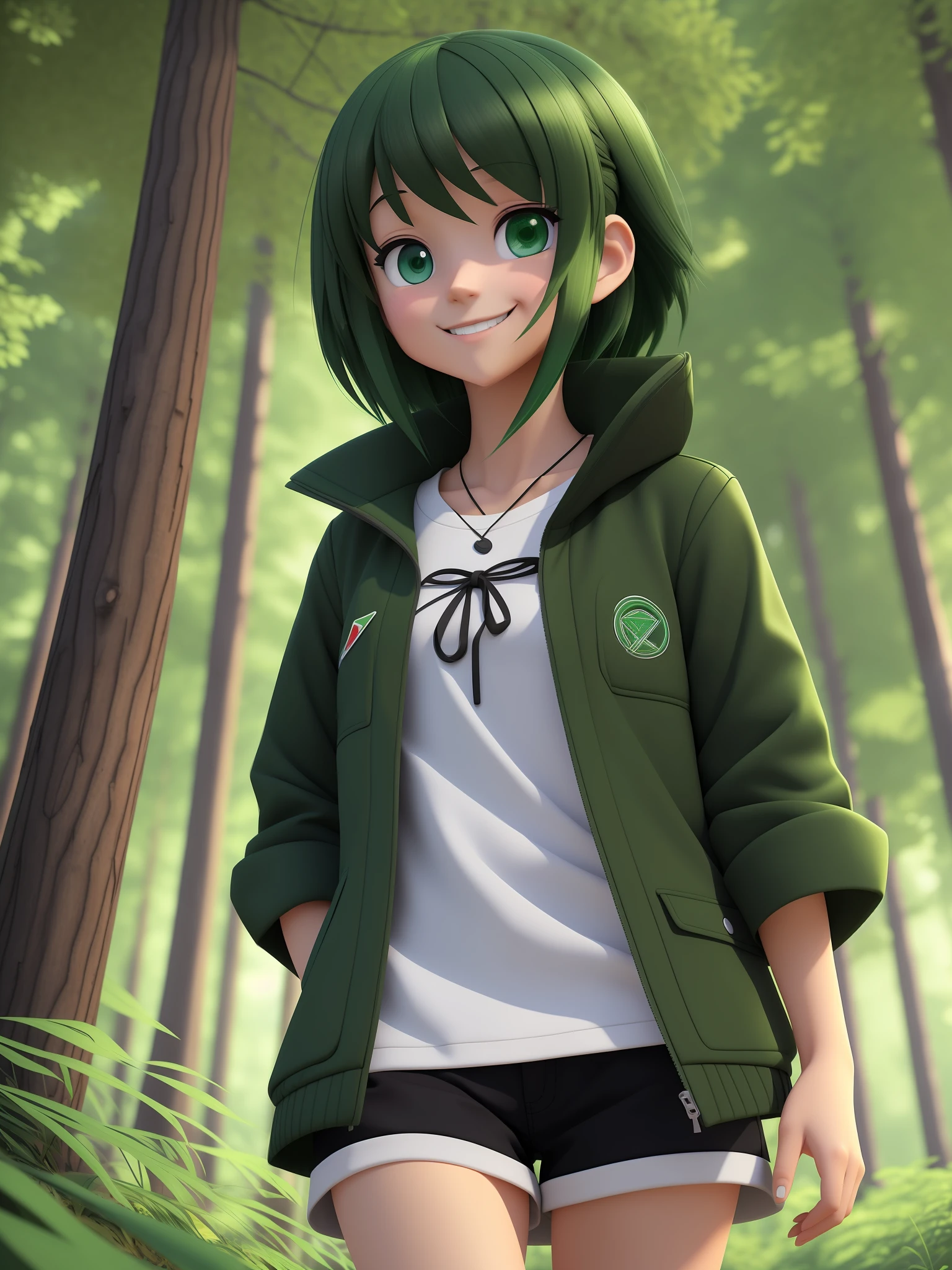 Young girl, a cartoon character in a dark green jacket, dark black shorts, ((wistful smile expression)), long dark green hair, vivid dark green eyes, Stylized character, animation character, stylized 3d rendering, 3d character, highly detailed character, stylized anime, stylized 3D, Character rendering, Character model, Closeup, (maximum quality), Walking in the forest