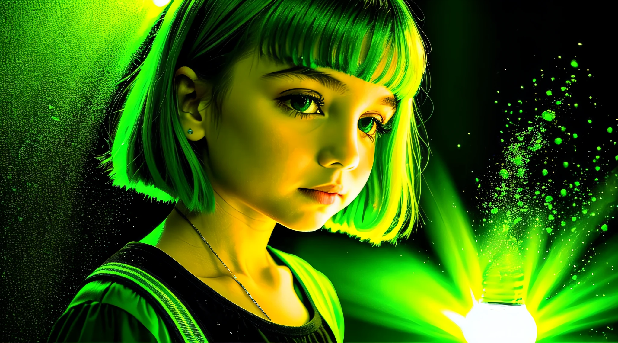 Russian children girls with 12 years of age, COM CABELO LISO LONGOS LOIRA, ESTILO RETRATO, a close up of a light bulb with a green glow, verde brilhante, bottom up green lighting, Luz ambiente verde, greenish lighting, fundo verde do papel de parede, surface with beer-textura, muito escuro com luzes verdes, dramatic green lighting, green light dust, Luz verde ambiente, green lighting, neon verde, Brilho Verde, brilho verde, luz verde vinda da janela