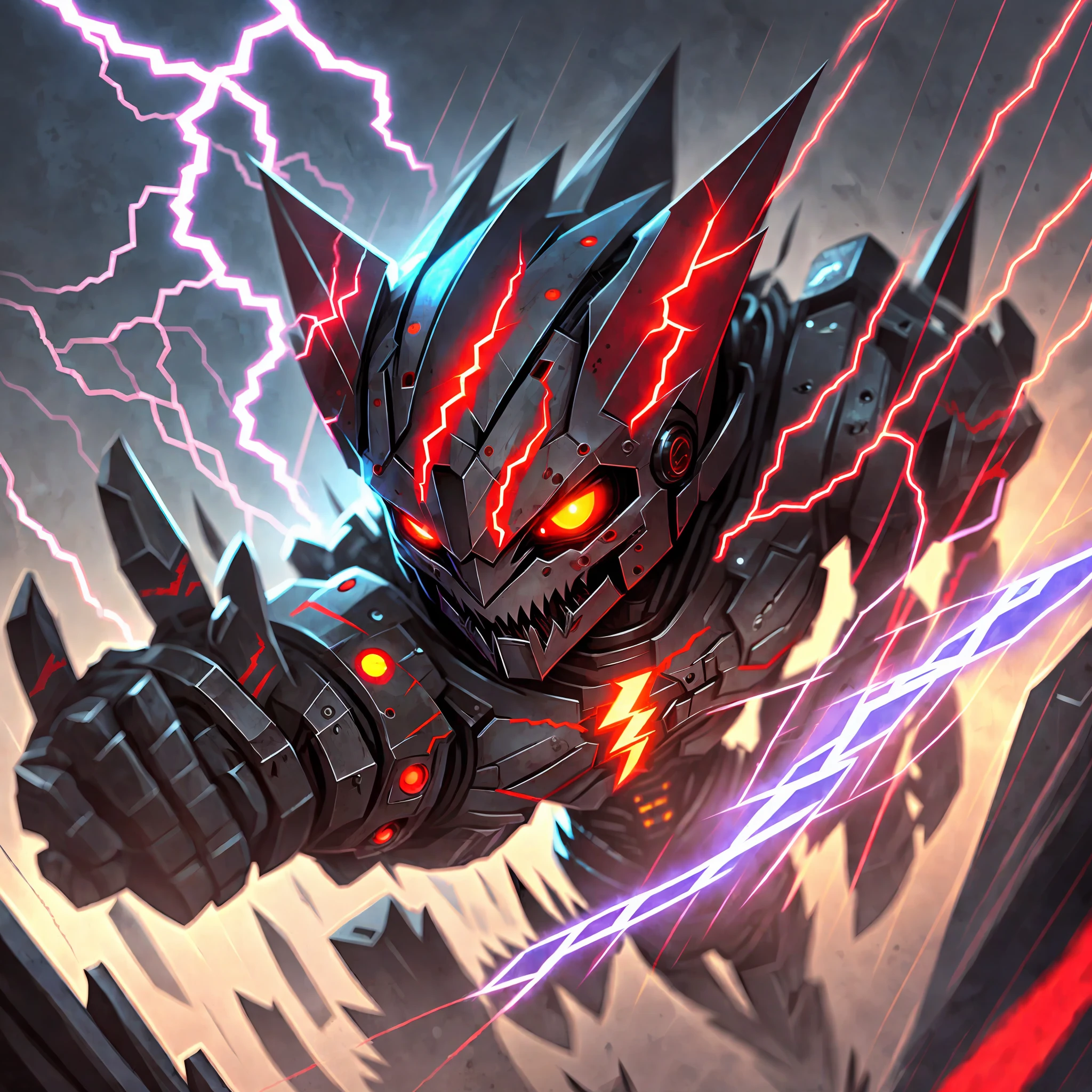 Robot demon with lightning bolts in red eyes --auto --s2