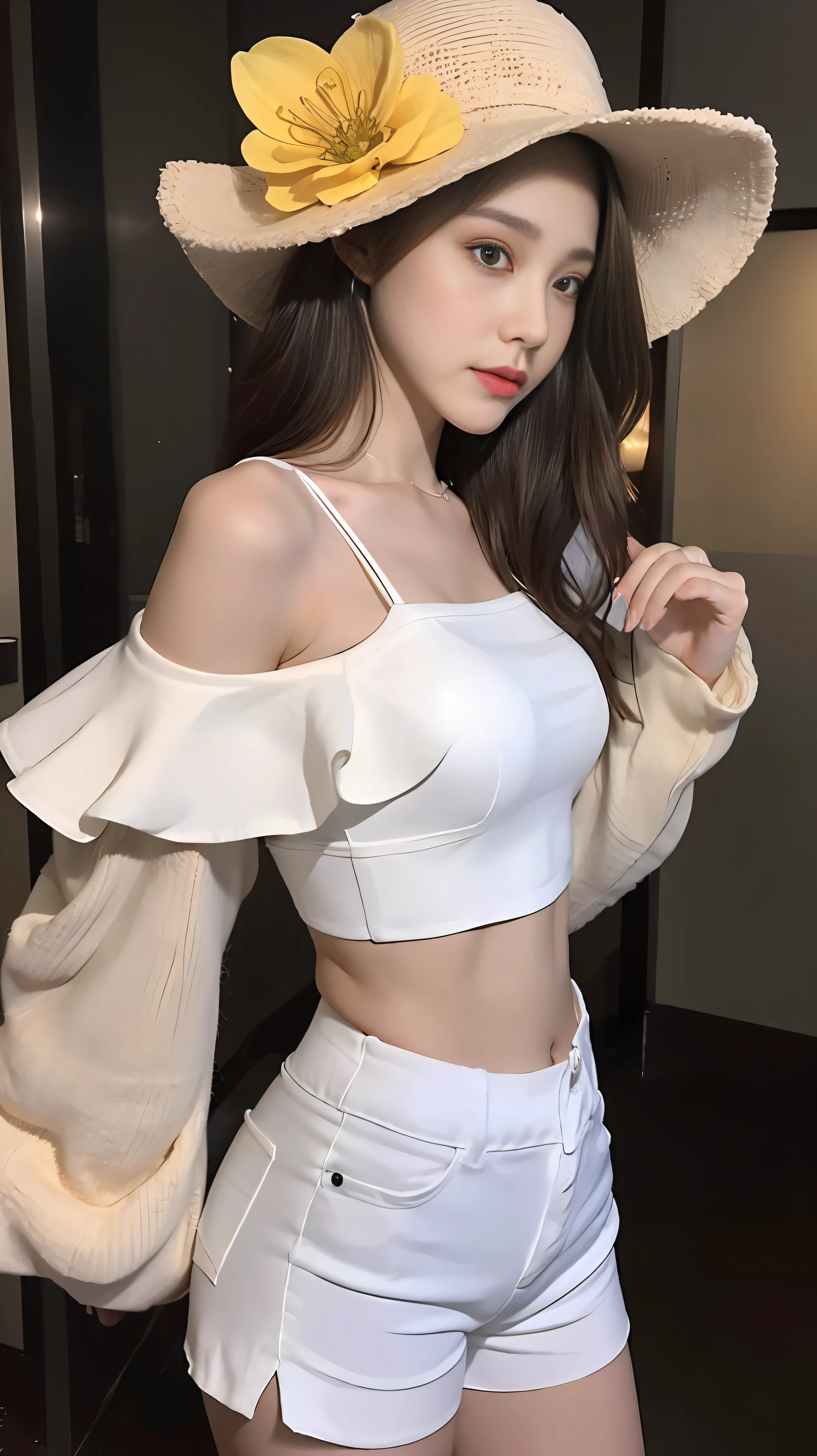 ((Best Quality, 8K, Masterpiece: 1.3)), (Flower Cap: 1.3), Focus: 1.2, Perfect Body Beauty: 1.4, Buttocks: 1.2, (Layered Haircut: 1.2)), (Dark Street: 1.3), Highly Detailed Face and Skin Texture, Full Body, Delicate Eyes, Double Eyelids, Whitened Skin, Long Hair, (Round Face: 1.5), (Loose Crop Top, Shorts: 1.6)