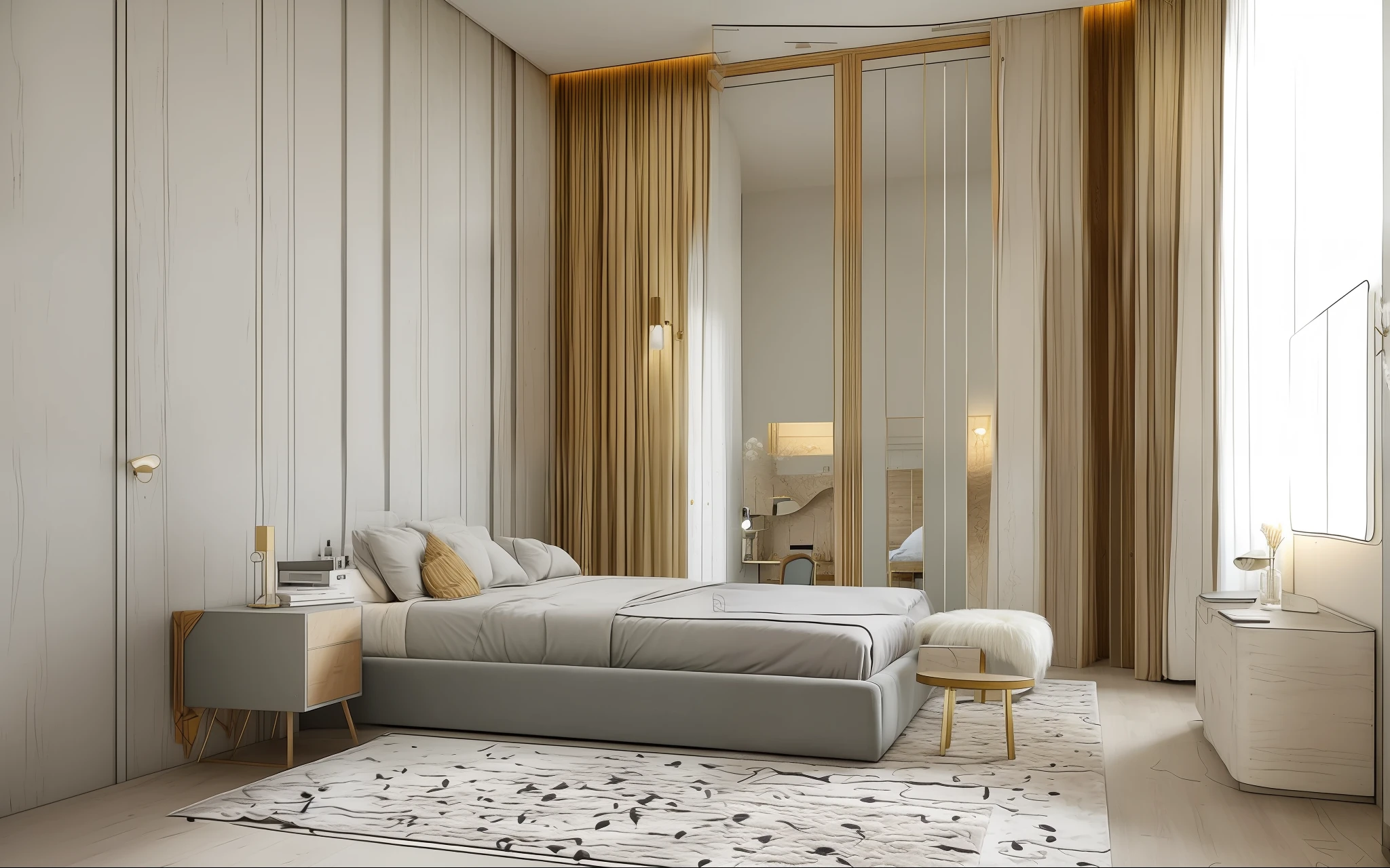A luxurious bedroom with fluffy bed, fur carpet, concrete walls and floor, wooden table