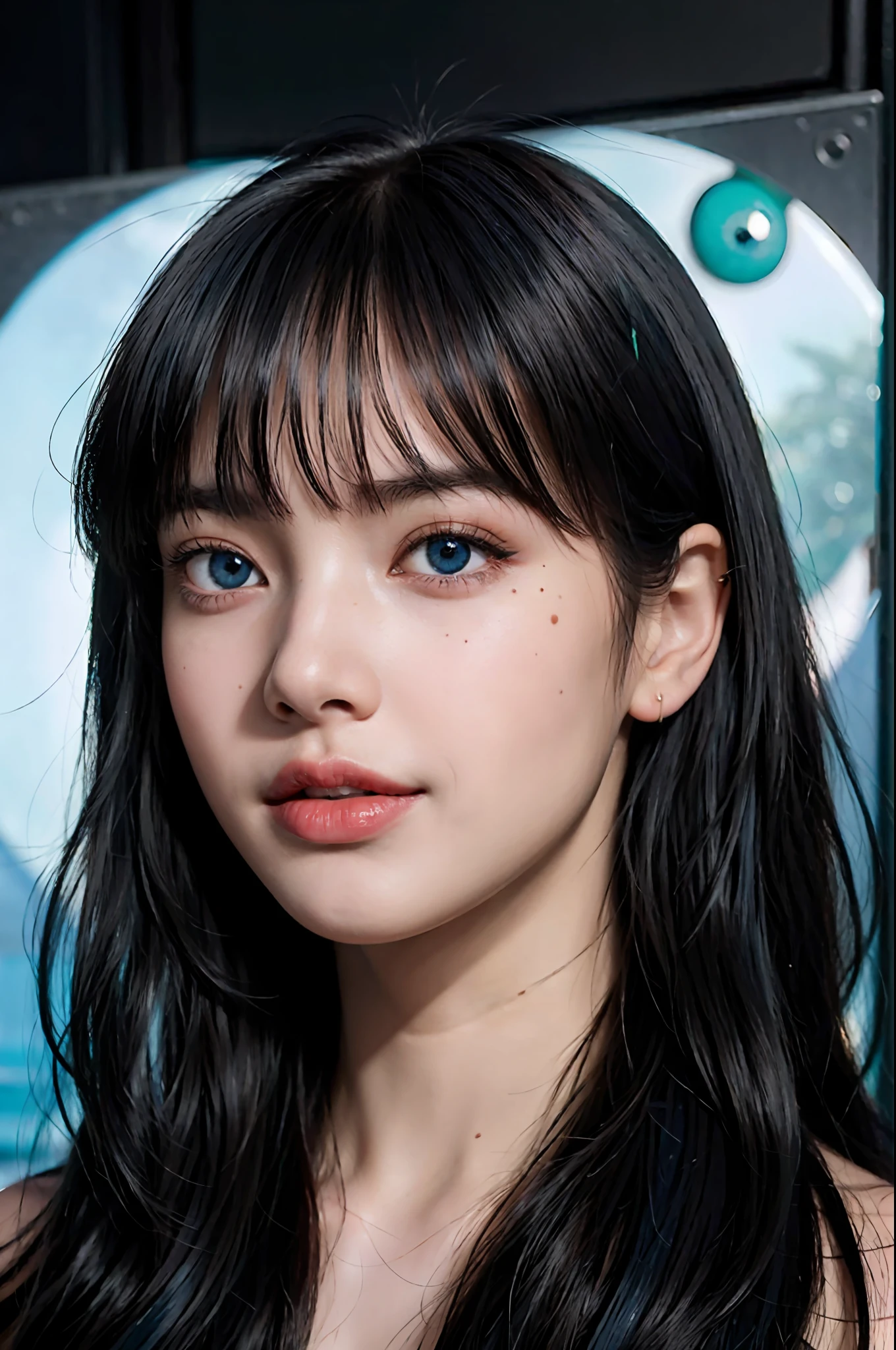 Best quality, masterpiece, super high resolution, multicolored hair, long hair, two moles under the eyes, gradient eyes, eyeballs, shyness, smile, evil, off-the-shoulder, character setting, close-up, surrealism, UHD, award-winning, bust, colourful hair,  ((blunt bangs)), (((blue eyes))), really beautiful face, super beautiful face