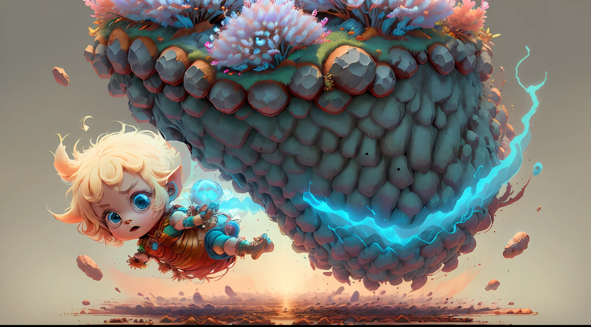 (extremely cute and delicate CG illustration, ultra-detailed and ultra-high quality), best illumination, best shadow, an extremely cute and adorable cu73cre4ture (agama), with big round eyes and a small cute mouth, small horns on its head, vibrant and vivid colors, dynamic angle, dynamic pose, floating, in a magical and enchanting place, with lush vegetation and vibrant flowers.
