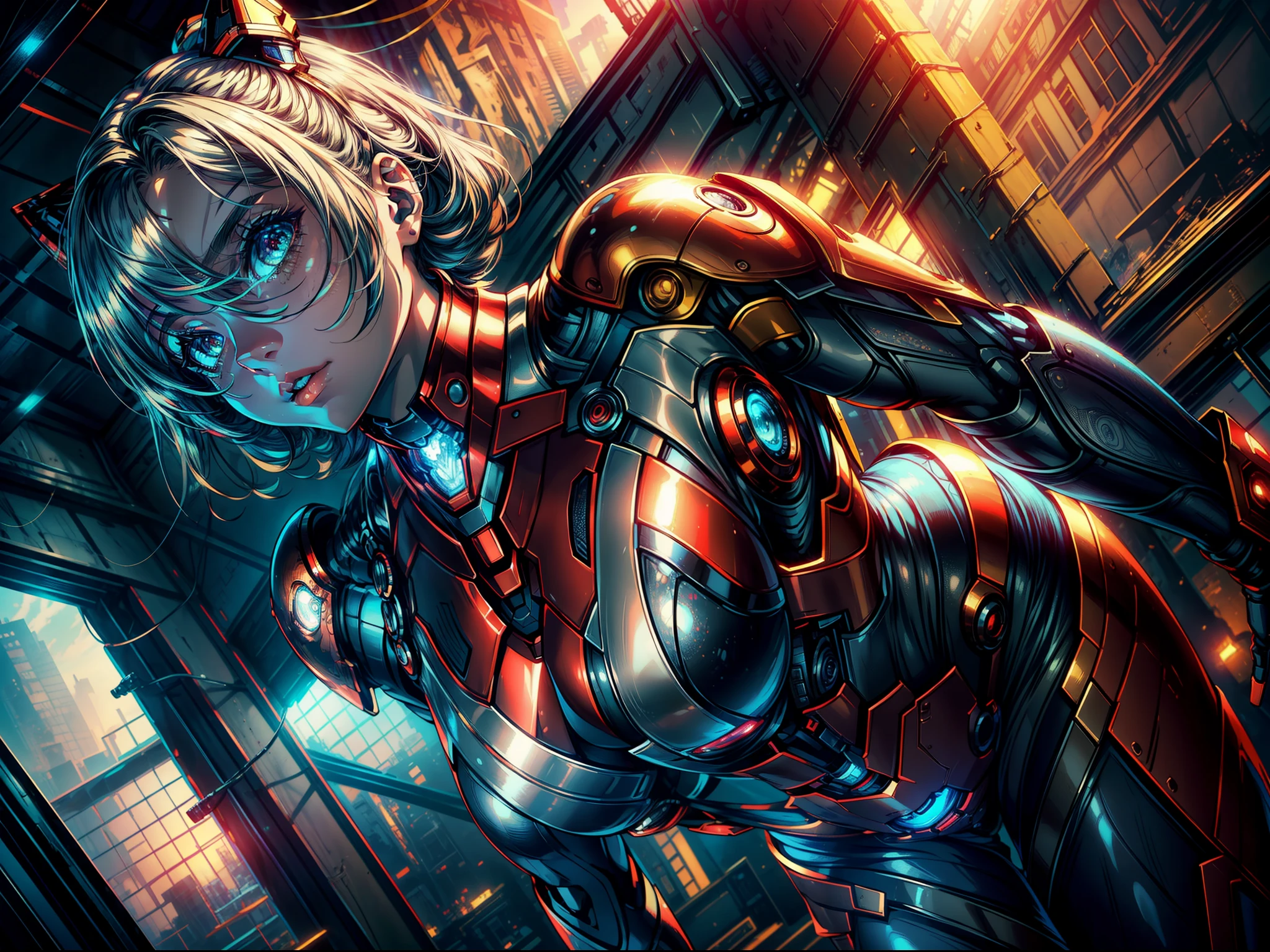 RAW, Masterpiece, Ultra Fine Photo,, Best Quality, Ultra High Resolution, Photorealistic, Sunlight, Full Body Portrait, Stunningly Beautiful,, Dynamic Poses, Delicate Face, Vibrant Eyes, (Side View) , she is wearing a futuristic Iron Man mech, red and gold color scheme, highly detailed abandoned warehouse background, detailed face, detailed and complex busy background, messy, gorgeous, milky white, high detailed skin, realistic skin details, visible pores , sharp focus, volumetric fog, 8k uhd, dslr camera, high quality, film grain, fair skin, photorealism, lomography, sprawling metropolis in futuristic dystopia, view from below, translucent,((Best quality)), ((masterpiece)), ((highly intricate details)),beautiful, high quality, highres, absurdres, light difussion, intricate details, complex details, ((anime)), (anime:1.2) , (perfect face:1.3), extreme detailed eyes, colorful, highest detailed, vibrant colors, high contrast, (8K UHD:1.2), (photorealistic:1.2),(masterpiece:1.4), (best quality:1.4),extremely detailed wallpaper, highly detailed illustrations, ((1 Girl)), (best lighting) , (super-complex details) , 4K unified, (super-detailed CG: 1.2) , (8K: 1.2),(original), (masterpiece) , (best quality) , (reality: 1.3) , photorealistic, Octane rendering, (surreal: 1.2)