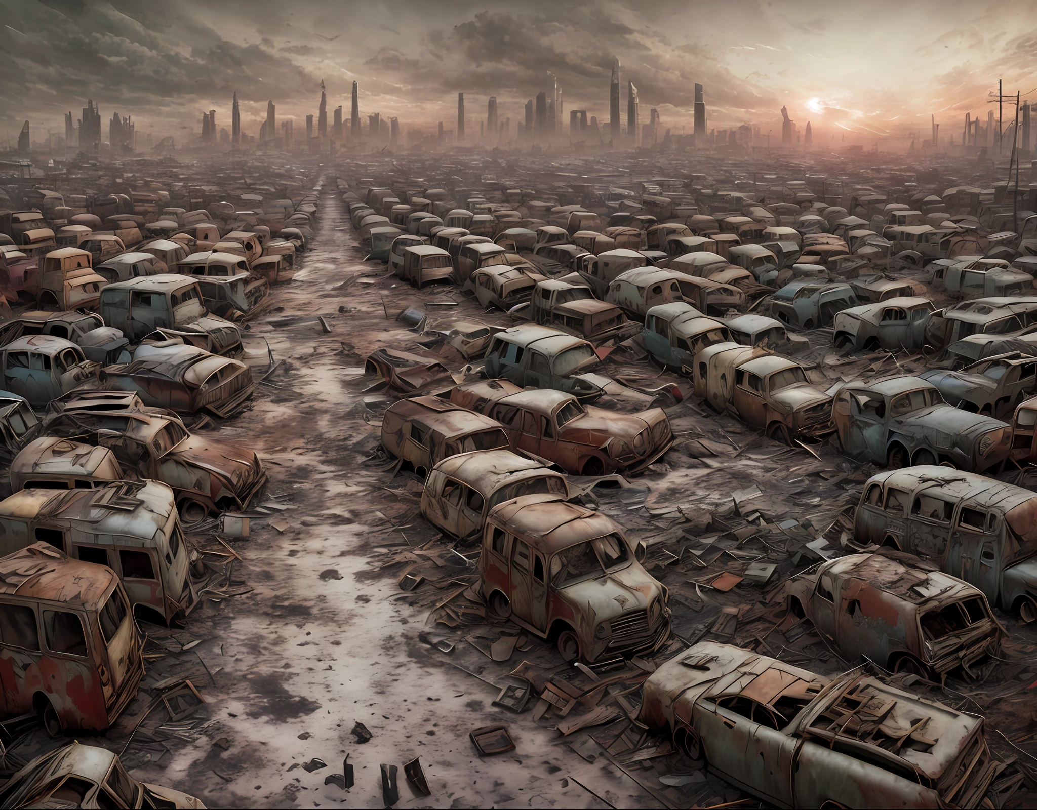 end of the world, epic realistic, (hdr:1.2), (muted colors:1.4),(broken rusty cars:0.6), (car wreckage:0.3) apocalypse, freezing, abandoned, neutral colors, night, screen space refractions, (intricate details), (intricate details, hyperdetailed:1.2), artstation, cinematic shot, vignette, complex background, buildings, snowy