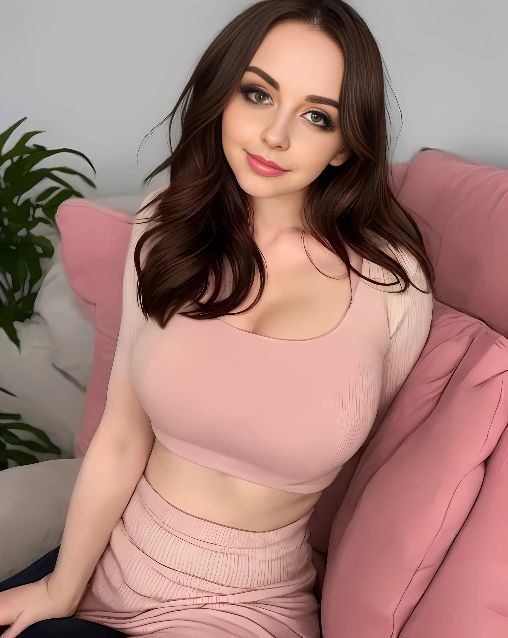 there is a woman sitting on a couch with a pink pillow, thicc, wearing a cute top, better known as amouranth, seductively looking in front, she is facing the camera, busty, short brown hair and large eyes, sexy look at the camera, amouranth, angelawhite, young beautiful amouranth, chest up bust shot