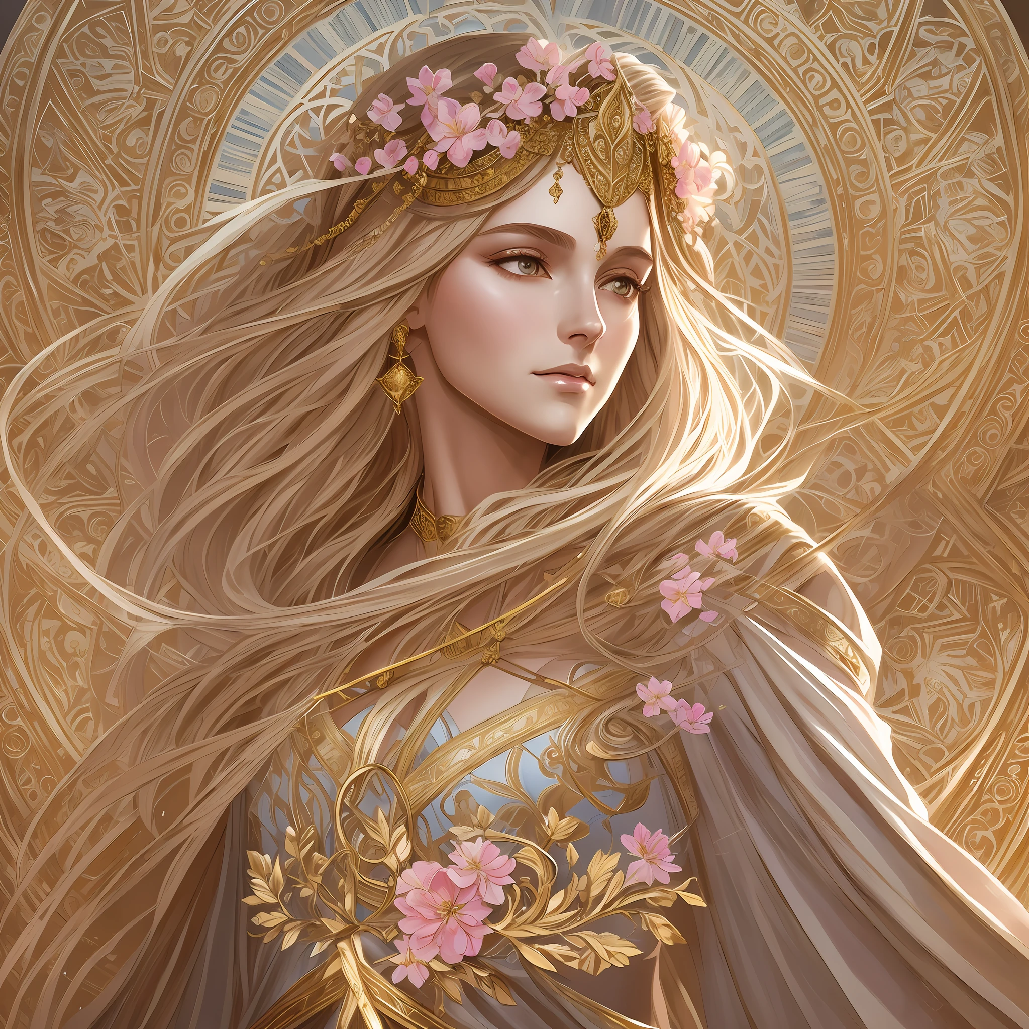 (symmetry:1.1) (portrait of floral:1.05) a woman as a beautiful goddess, pink and gold and opal color scheme, beautiful intricate filegrid facepaint, intricate, elegant, highly detailed, digital painting, artstation, concept art, smooth, sharp focus, ong hair, flowly hair, blond hair, detailed face, soft smile, curious pose, mythology, light brown skin, gold eyes, white robe, laurel, ancient theme, illustration, art by greg rutkowski and alphonse mucha, 8k --auto --s2