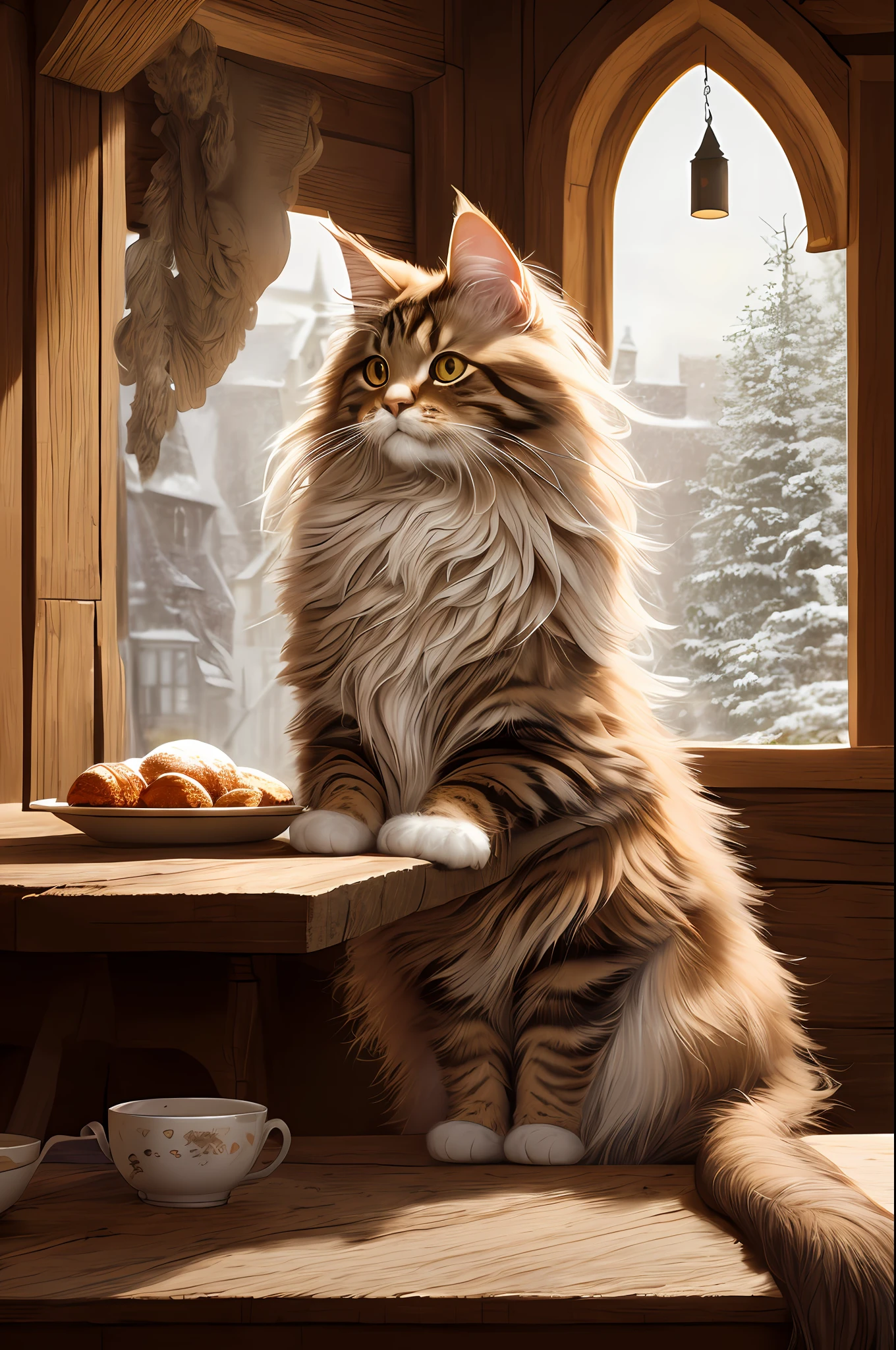 modelshoot style, 8k, portrait of a cute maine coon cat sitting on a wooden table in a medieval tavern, detailed fur, trending on ArtStation, trending on CGSociety, Intricate, High Detail, Sharp focus, dramatic lighting, digital painting, digital art, by artgerm, by Liang Xing, by WLOP