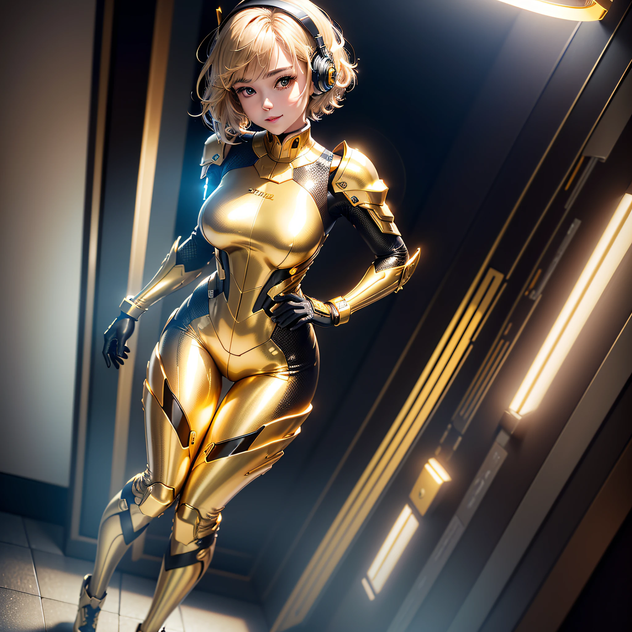 (Masterpiece, highest quality, highest resolution, distinct_image, very elaborate CG, cinematic lighting, ray tracing, drop shadows, detailed detail, (photorealistic: 1.4), high quality textures, fine-grained, realistic face expression): (single girl, face is Japan, girl with golden hair, short hair, small size breasts, Sparkly black color eyes, eye level shots, metallic golden flight suit, tight fit clothes, full body covering clothes, light smile, beauty, slim body, exoskeleton, heroine, headset, long boots, gloves)