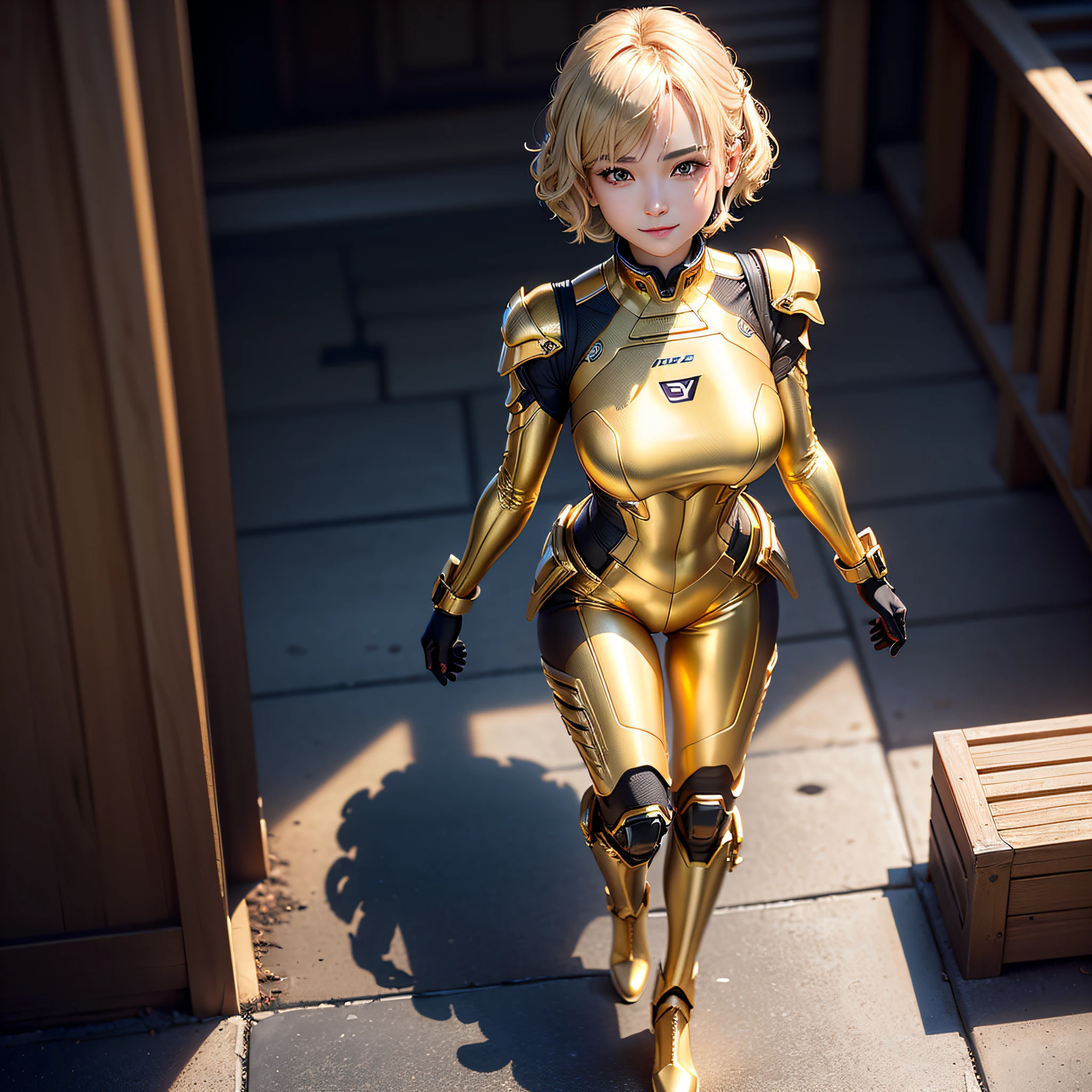 (Masterpiece, highest quality, highest resolution, distinct_image, very elaborate CG, cinematic lighting, ray tracing, drop shadows, detailed detail, (photorealistic: 1.4), high quality textures, fine-grained, realistic face expression): (single girl, face is Japan, girl with golden hair, short hair, small size breasts, Sparkly black color eyes, eye level shots, metallic golden flight suit, tight fit clothes, full body covering clothes, light smile, beauty, slim body, exoskeleton, heroine, headset, long boots, gloves)