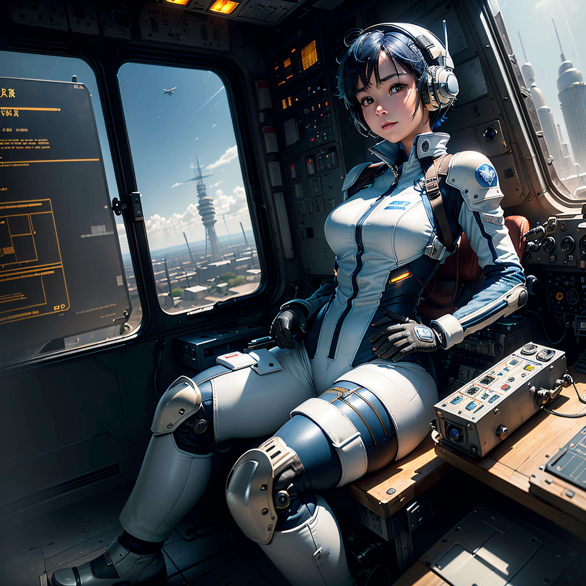 (masterpiece, highest quality, highest resolution, distinct_image, very elaborate CG, cinematic lighting, ray tracing, drop shadows, detailed detail, (photorealistic: 1.4), high quality textures, fine-grained, realistic face expression): (lone girl, face is Japan, short blue hair, small size breasts, sparkling eyes, Eye level shot, white and blue color pilot suit, tight fit clothes, full-body covering clothing, light smile, beauty, slim body, exoskeleton, heroine, headset, long boots, gloves, riding and piloting a robot leaning forward, control panel, tools, safety equipment, radar display, touch panel, various indicators, levers, computer keyboard, mouse, warning lights, fuel gauges, pressure gauges, control towers outside the window, large levers, foot access pedals, brake pedals, thick manuals, military bases outside the window)