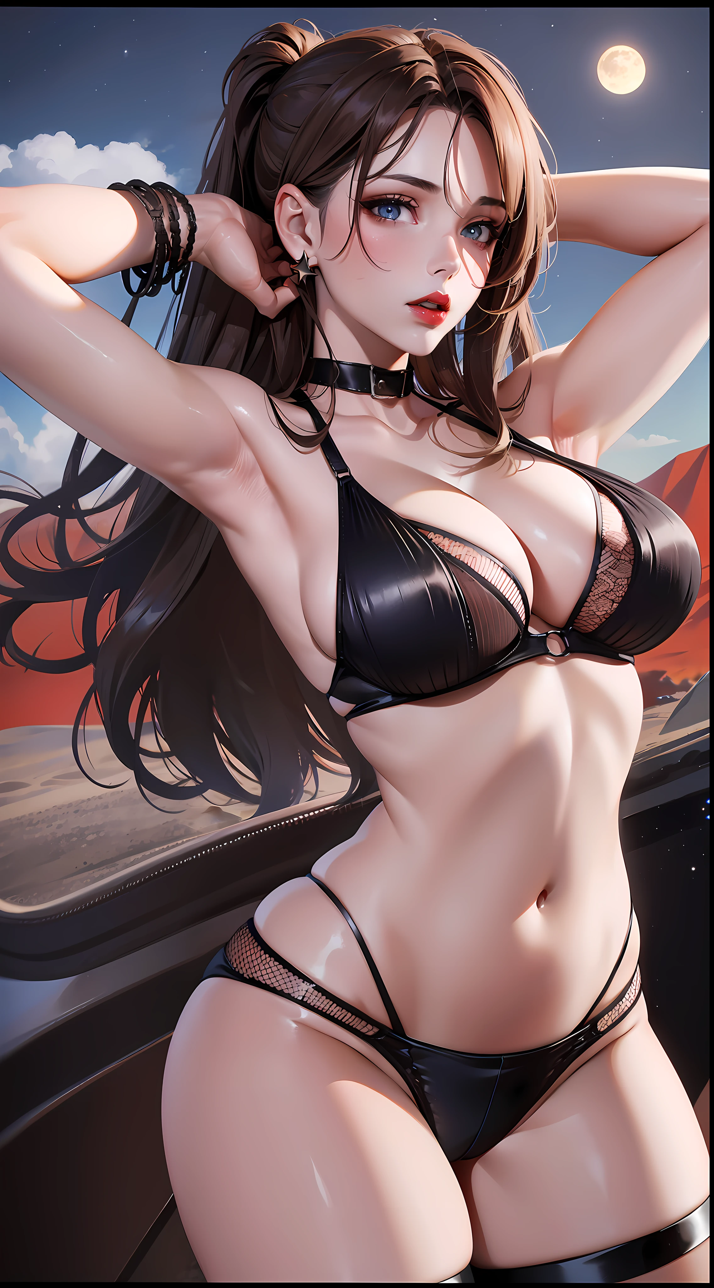 1 girl, action pose, lewd face, sexy, cleavage, brown hair, brunette, blue eyes, red lips, collar, black bikini, black skirt, black panties, black bra, thigh highs, short sleeves, armpits, large breasts, wide hips, thick thighs, muscles, abs, no teeth, beautiful face, realistic, ray traced, beautiful eyes, red lipstick, desert, sand, night, stars, moon, clouds