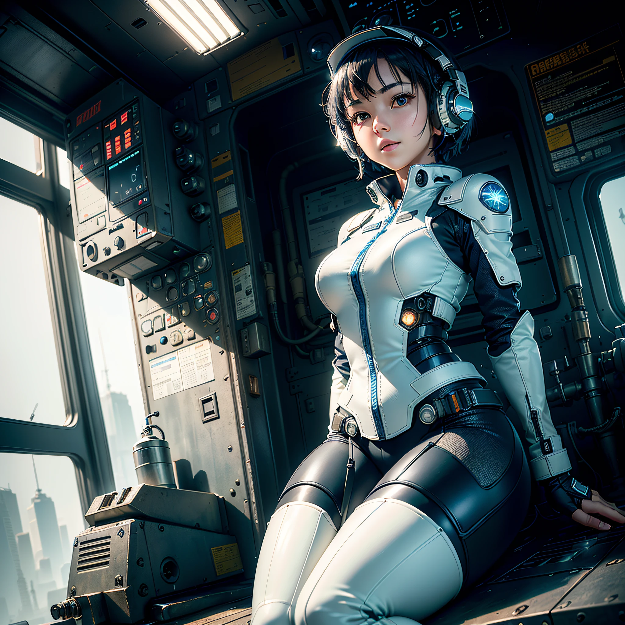 (masterpiece, highest quality, highest resolution, distinct_image, very elaborate CG, cinematic lighting, ray tracing, drop shadows, detailed detail, (photorealistic: 1.4), high quality textures, fine-grained, realistic face expression): (lone girl, face is Japan, short blue hair, small size breasts, sparkling eyes, Eye level shot, white and blue color pilot suit, tight fit clothes, full-body covering clothing, light smile, beauty, slim body, exoskeleton, heroine, headset, long boots, gloves, riding and piloting a robot leaning forward, control panel, tools, safety equipment, radar display, touch panel, various indicators, levers, computer keyboard, mouse, warning lights, fuel gauges, pressure gauges, control towers outside the window, large levers, foot access pedals, brake pedals, thick manuals, military bases outside the window)