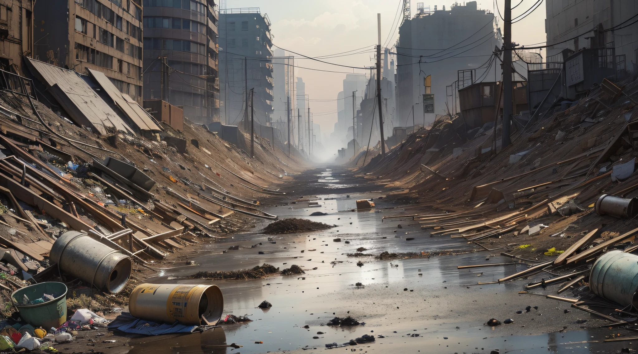 harmful substances, such as pesticides, heavy metals, and industrial waste into the soil, garbage heap , the mood is sad, the focus is on standing on the garbage heap, big scene, concept original art style, wasteland style, 16k, no signature, 8 k, ultra detailed, award winning, (intricate details), (hyperdetailed), 8k hdr