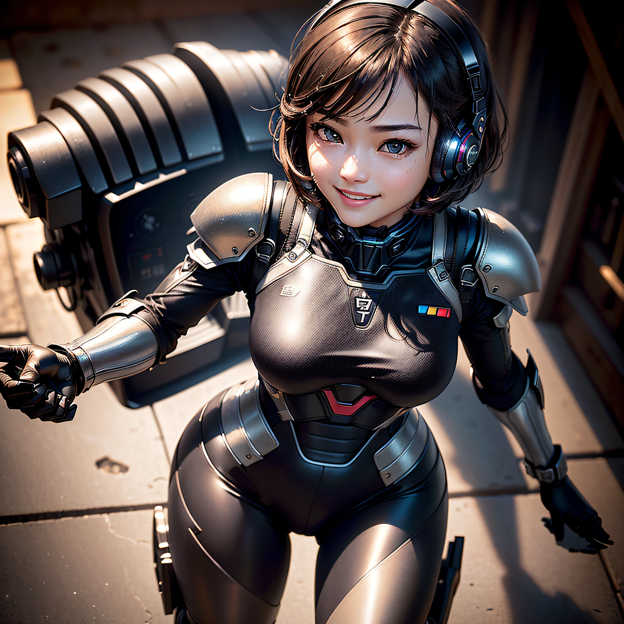 (MASTERPIECE、maximum quality、Top Resolution、distinct_image、Highly elaborate CG、Cinematic Lighting、raytracing、drop shadow、Detailed details、(photorealistic:1.4)、High quality textures、Fine-grained、Realistic facial expressions): (Lone Girl、Japan faces、Girl with brown hair、short hair、small size of breasts、Glittering black colored eyes、Eye Level Shots、Pilot suit in metallic black color、Tight Fit Clothing、Clothing that covers the whole body、light grin smile、Beauty during、slim body、exoskeleton、heroine、headset、long boots、glove、Detailed Gundam cockpit of a solo ride)