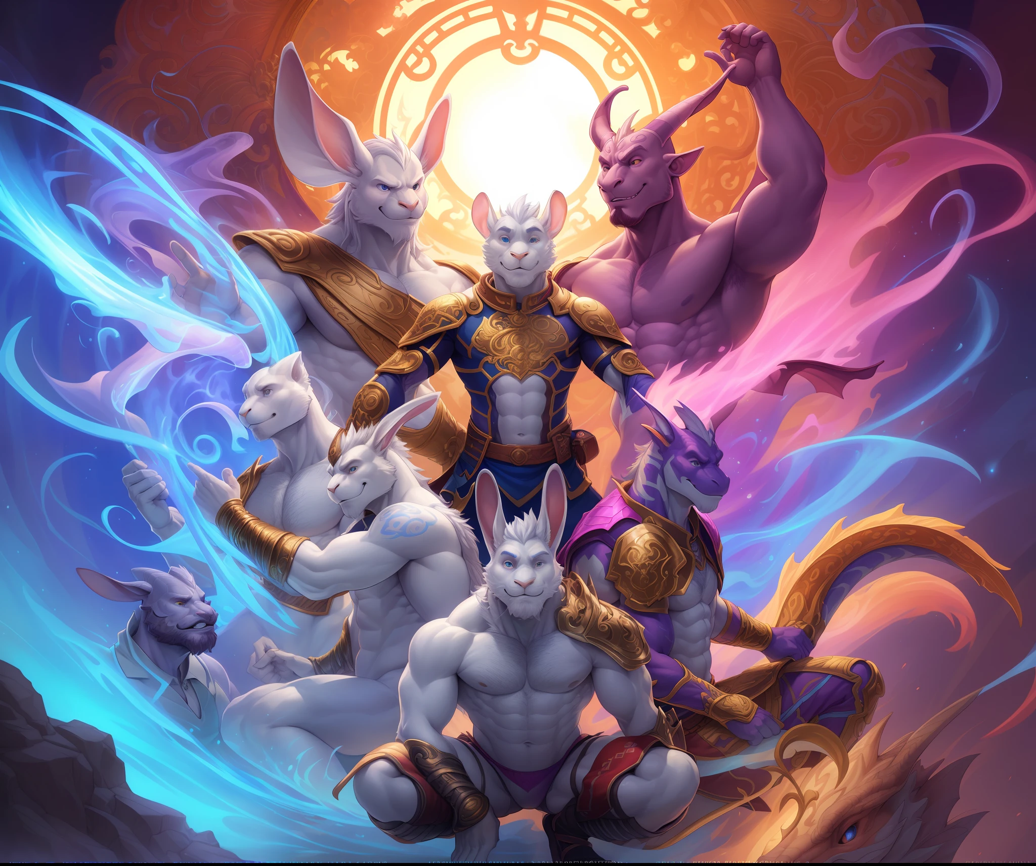 white, koi, anthropomorphic rabbit god in pink dragon armor, semi nude, wearing a pink thong, ethereal, art nouveau, vibrant colors, octane, by jesper ejsing, james jean, justin gerard, tomasz alen kopera, cgsociety and fenghua zhong ,highly detailed,edge lighting,artwork,cinematic lighting,highly coherent,hyperrealism,high detail,8k,male,man,masculine,rabbit face,hairy body with white fur,squatting,arms behind head.