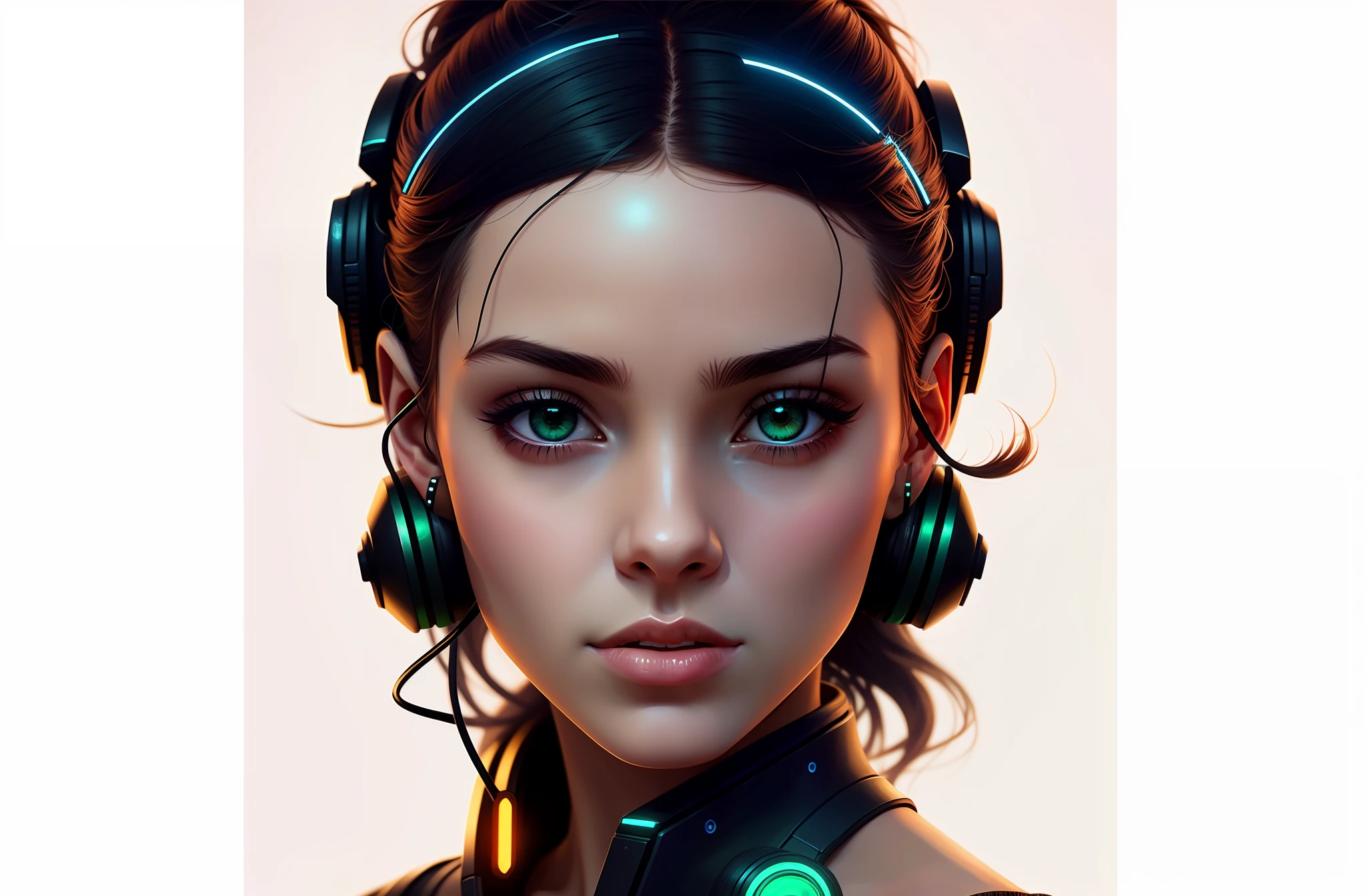 there is a woman with headphones on and a green light,  ciborgue bonito, cara bonita da meninapunk, retrato bonito sci - ser uma menina, menierpunk sra, ciborgue - menina cagando, O retratenina cyberpunk, menina ciborela arte digital,  bonita ciborgue, cyberpunk menina b Wojtek FUS, stunning digital illuon, estilo de arte futurista, arte digital do anime cyberpunk --auto --s2