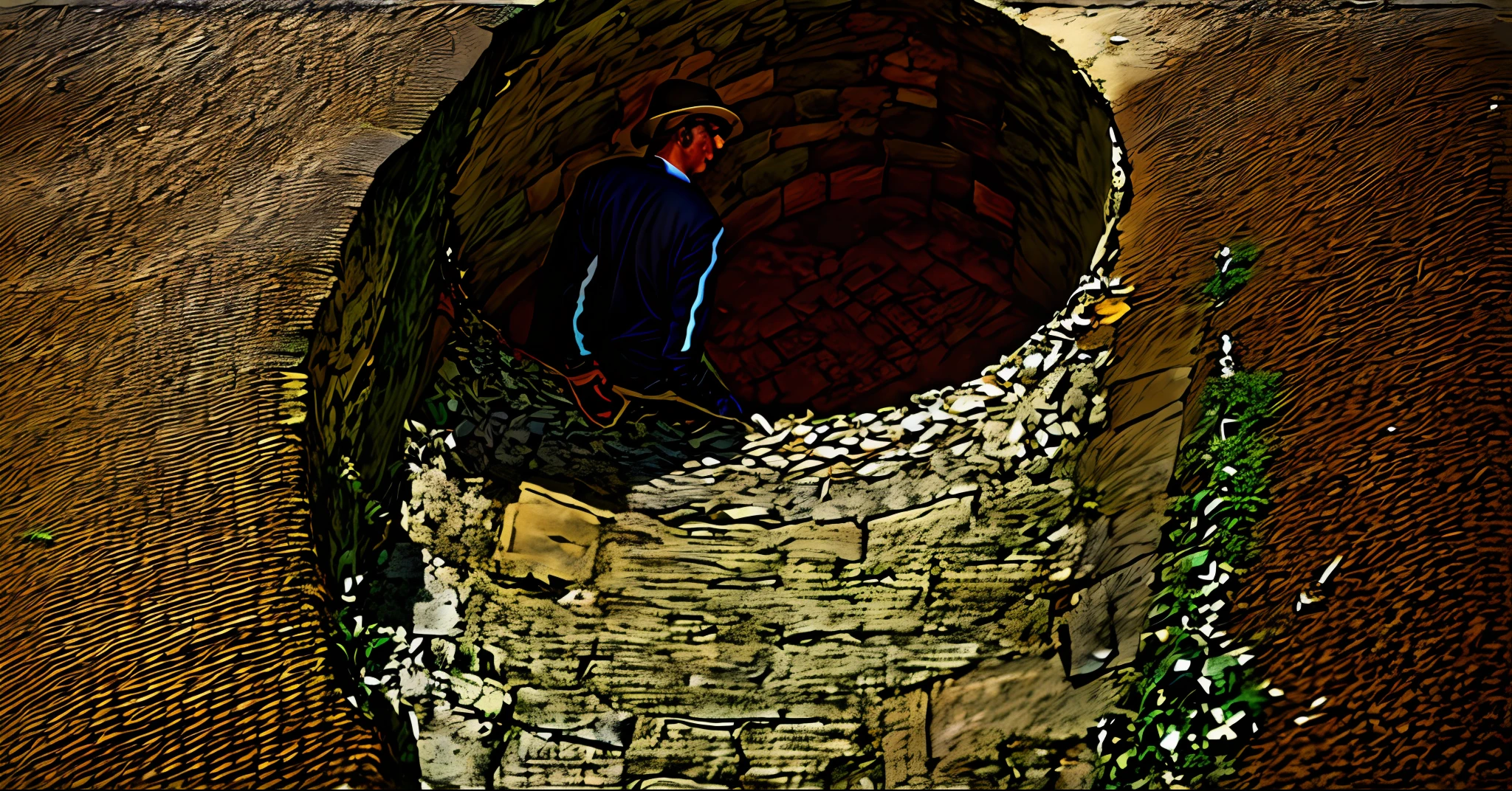 Farmer looking down, pit with stone walls