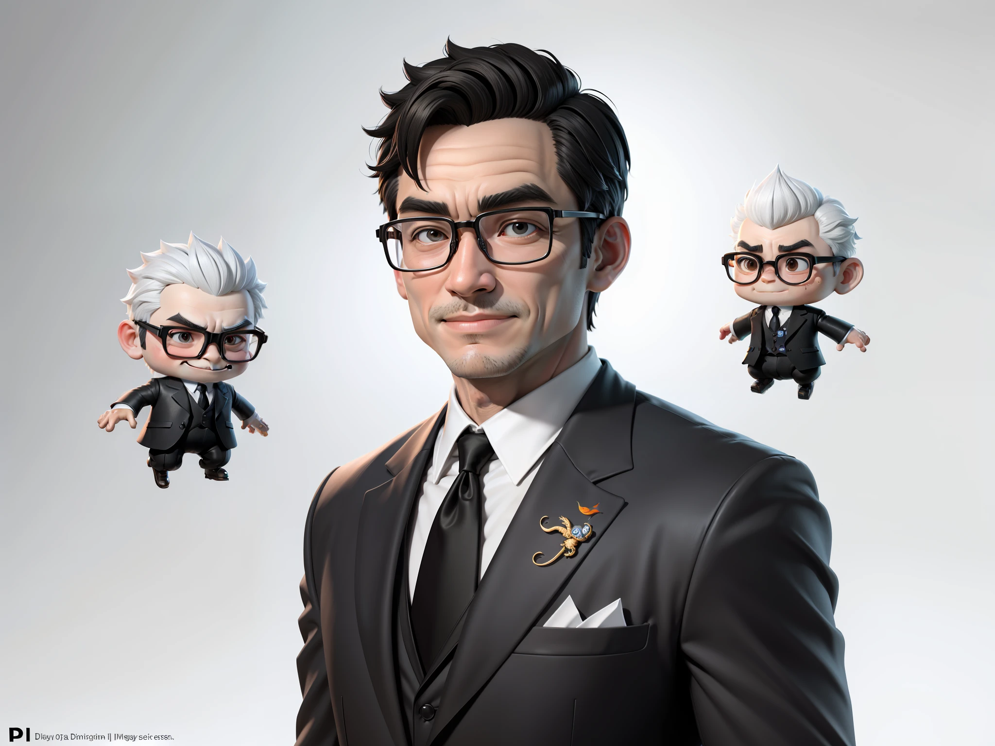 Super young man 30 years old,Silver glasses,The face is slightly fat,The face is very clean,No whiskers,Black super short hair,Black eyes,black suit,Blue tie,Smile confidently,digtial painting,the movie,3D character design by Mark Clairdon and Pixar and Hayao Miyazaki,The illustration is a high-definition illustration in 4K resolution,With very detailed facial features and cartoon-style visuals。Chinese dragon flying in background