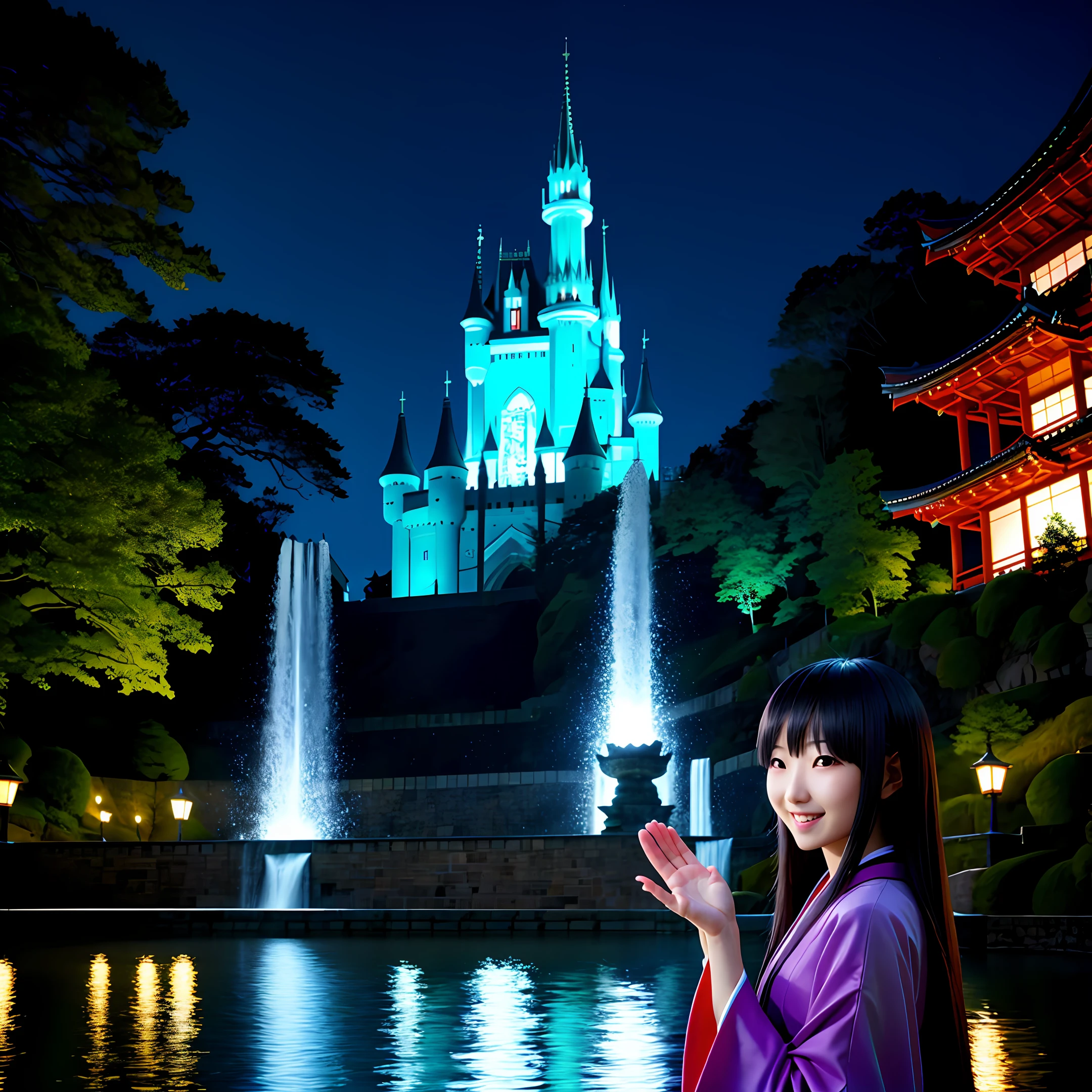 Realistic Japanese girl with long and thin hair in front of the castle releasing water magic by the hands and happy
