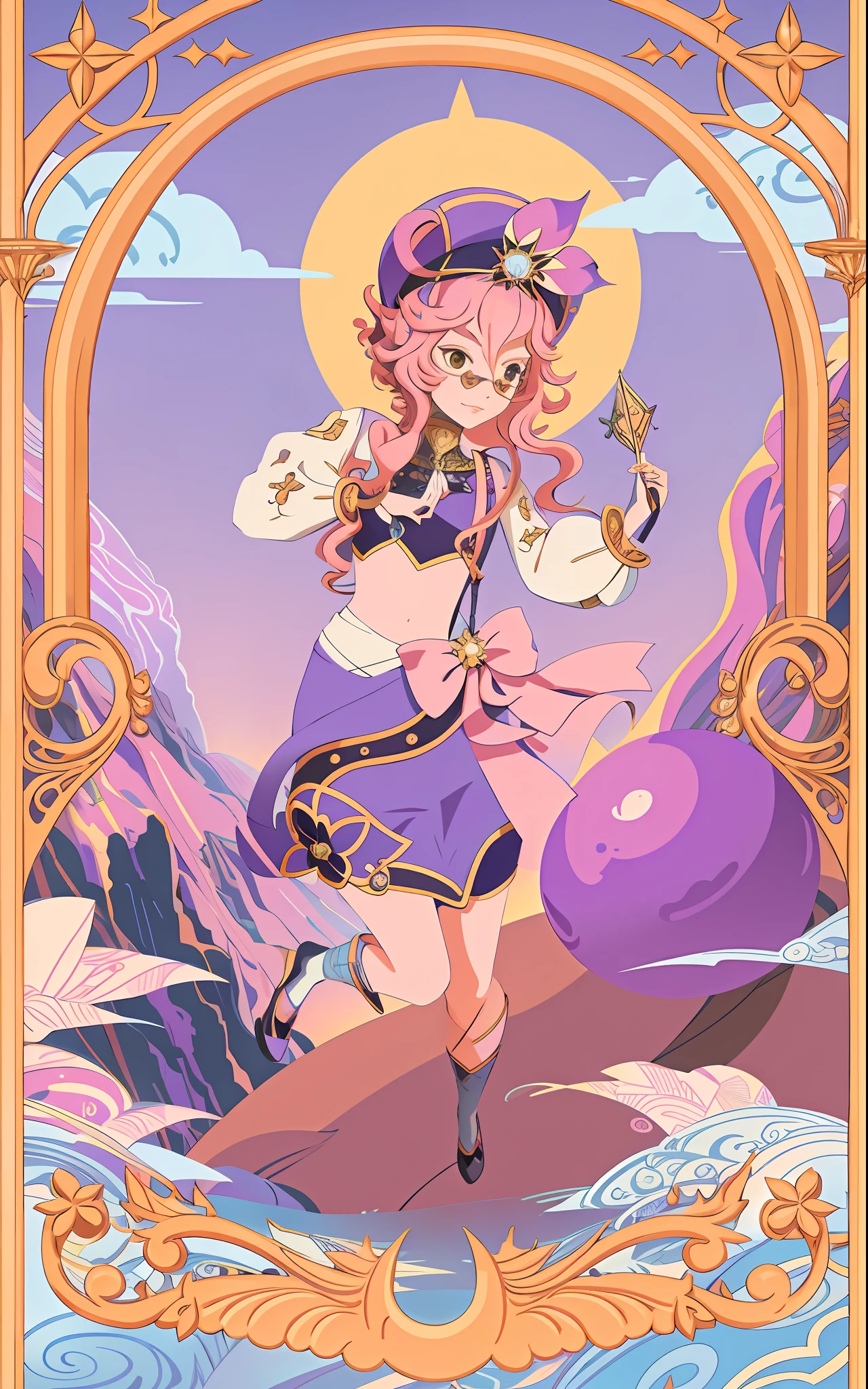 Girl in purple dress and pink hat holding a flower, Full-length portrait, [ Tarot card ]!!!!!,, Non-binary deity of spring, Anime in Art Nouveau style, Official art, Fantasy anime, Magic Girl Style, Official fan-Art, Detailed fan-Art, Framed anime character with starry sky background, Art Nouveau Anime Space Display, Official fan-Art, as a tarot card, [ Tarot card ]!!!!!, jen bartel, Celestial Witch, Secret Art Style, A beautiful celestial magician, Goddess of space and time, official art, Star Tarot Card, Art Nouveau anime, Map design, Even (genshin impact), Fool, Map Fool, Slime, clouds curls, Flat, mountains, palace, , precipice, flat, sun, The girl runs, Rough shadows,  precipice, Slime, A girl walks along a cliff, grass