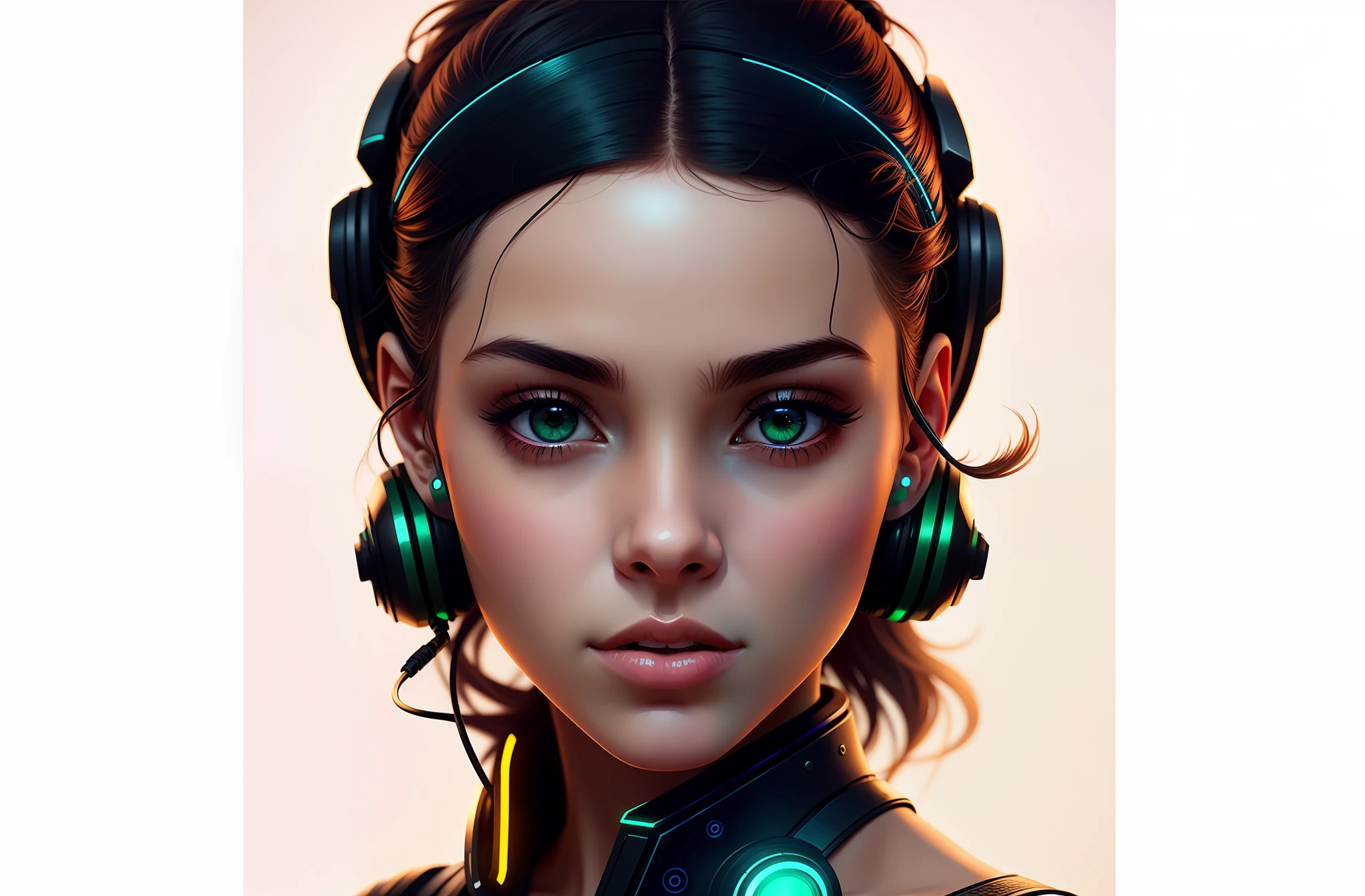 there is a woman with headphones on and a green light, menina ciborgue bonito, cara bonita da menina cyberpunk, retrato bonito sci - ser uma menina, menina cyberpunk sonhadora, ciborgue - menina cagando, O retrato da menina cyberpunk, menina ciborgue, bela arte digital, menina bonita ciborgue, cyberpunk menina bonita, Wojtek FUS, stunning digital illustration, estilo de arte futurista, arte digital do anime cyberpunk --auto --s2