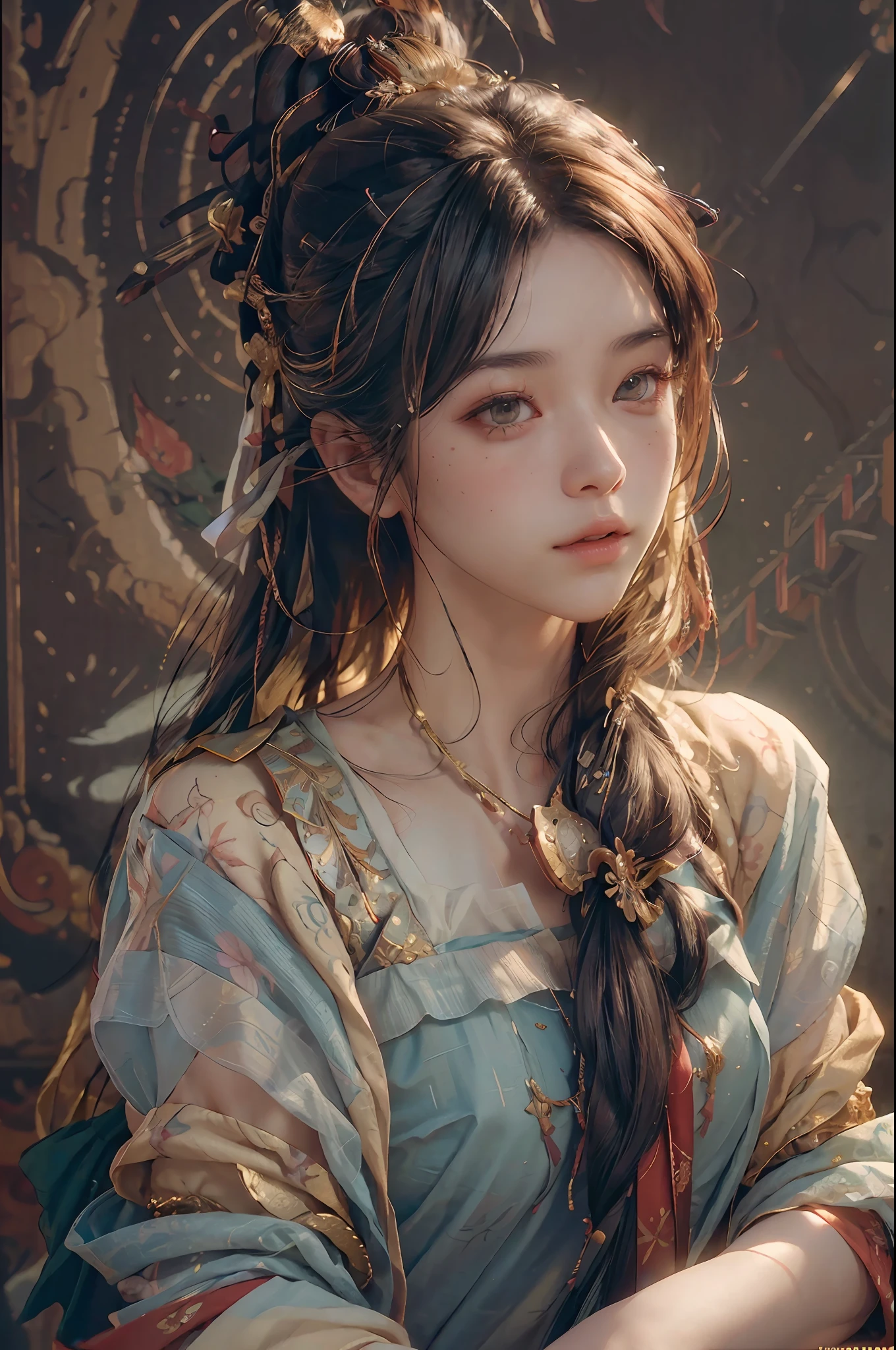 (RAW photo, best quality), (realistic, photo-realistic:1.3),best quality,highly detailed,masterpiece,ultra-detailed,illustration,1girl,upper_body,dynamic angle,world masterpiece theater,messy_long_hair,best quality,extremely detailed CG unity 8k wallpaper,ink,Amazing,cinematic lighting,lens_flare, dunhuang_style