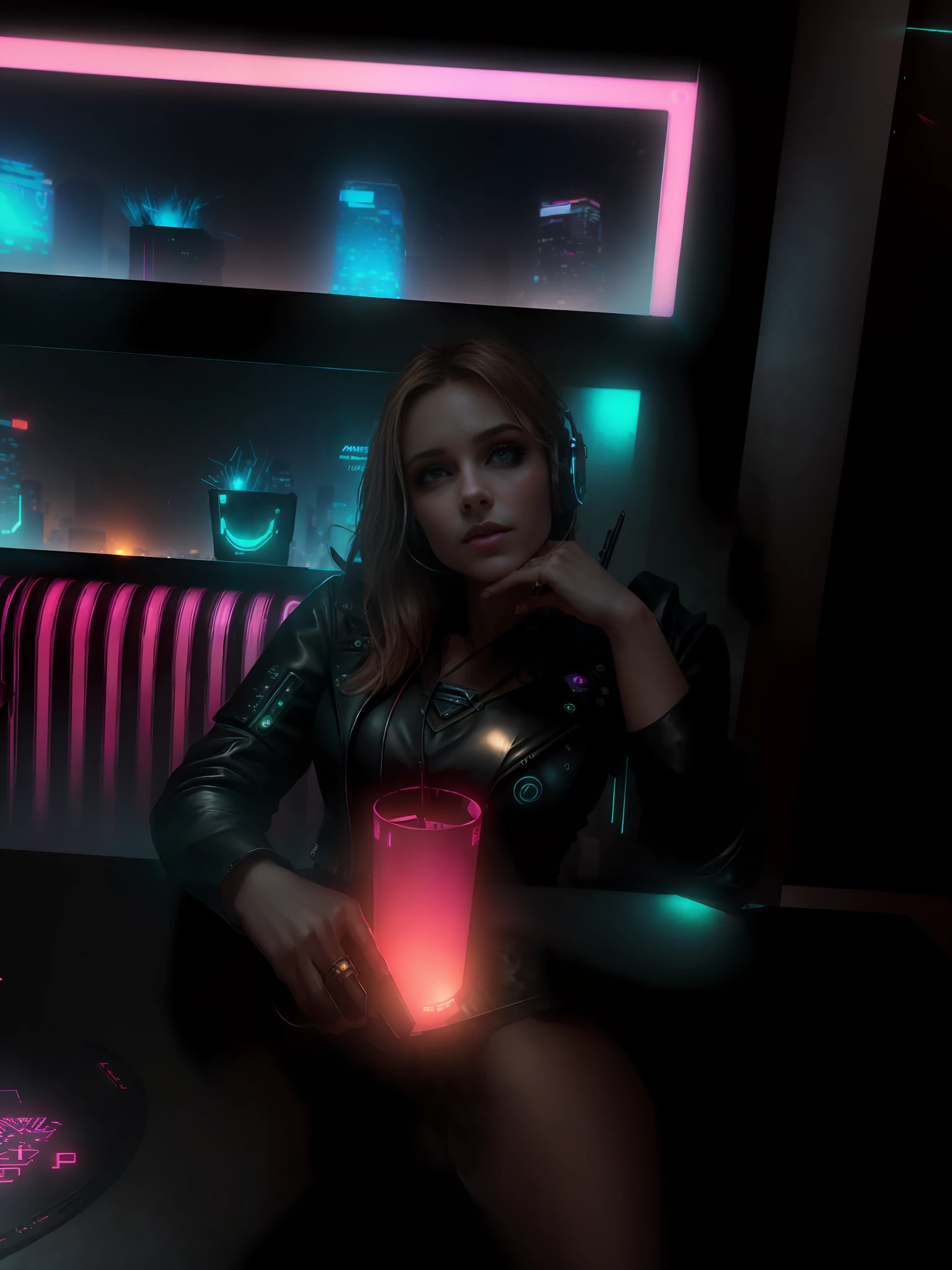 Best Quality, Realistic, Realistic, Award-Winning Illustration, (Complicated Detail: 1.2), (Fine Detail), (Complicated Detail), (Cinematic Lights, Best Quality Backlight), Crisp Lines, Crisp focus, official art, unity 8k wallpaper, absurd, unbelievably absurd, huge file size, ultra- (in_main_street:1.21), (neon lamp), fantasy art, rtx,((triangle closeup photo by award winning studio )), 1girl, very pretty, (shut up), small boobs, ((Cyberpunk city Street, Battle Maiden)), perfect hands, beautiful detailed eyes, Perfect Face, (Cyberpunk blouse, leather jacket, Martin boots) ,,(headphones_around_hair),((pleated skirt) ), ((supermodel pose)),